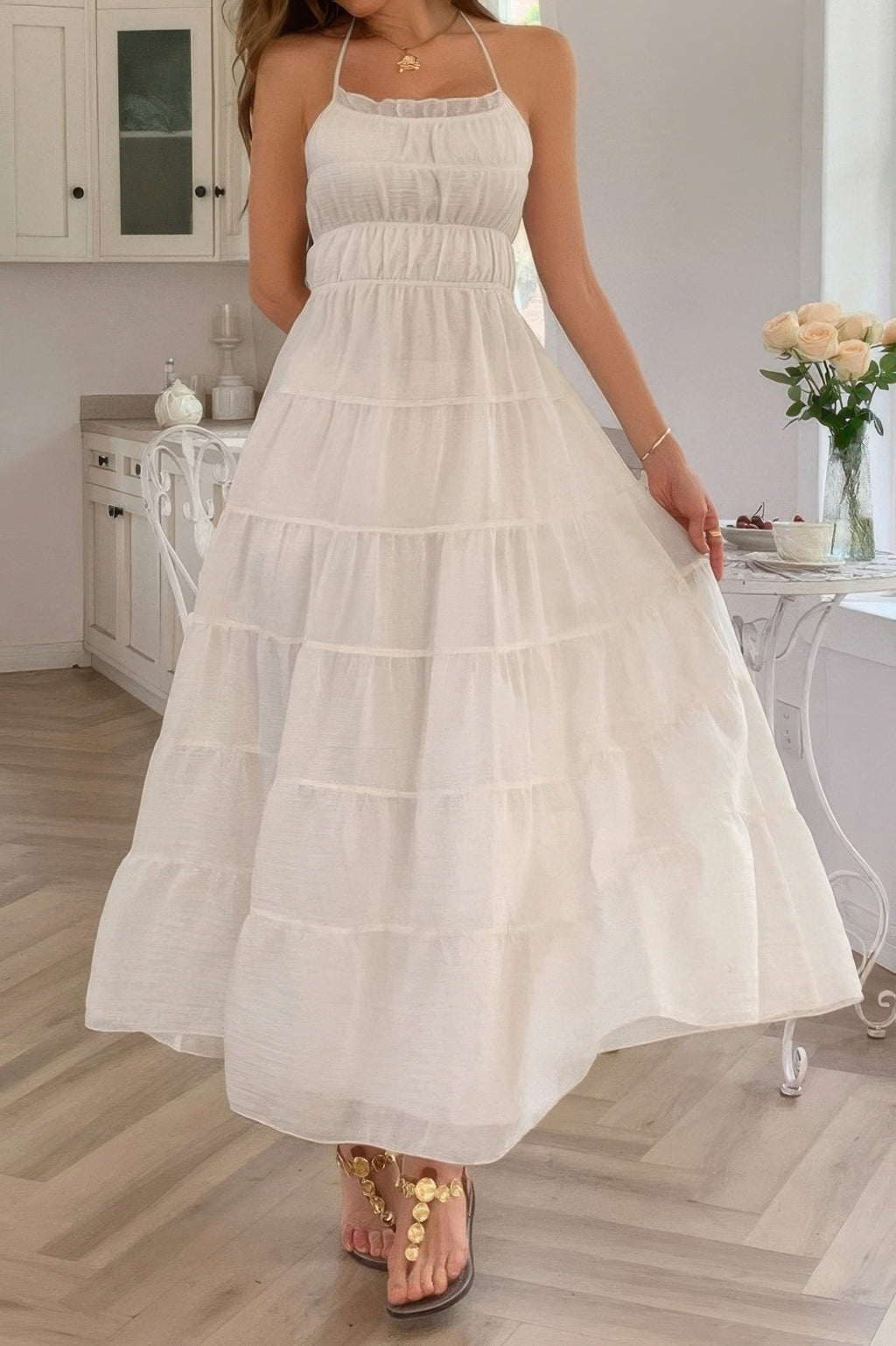 Solid Halter Ruched Textured Tiered Full Dress | by atgodanddesigns