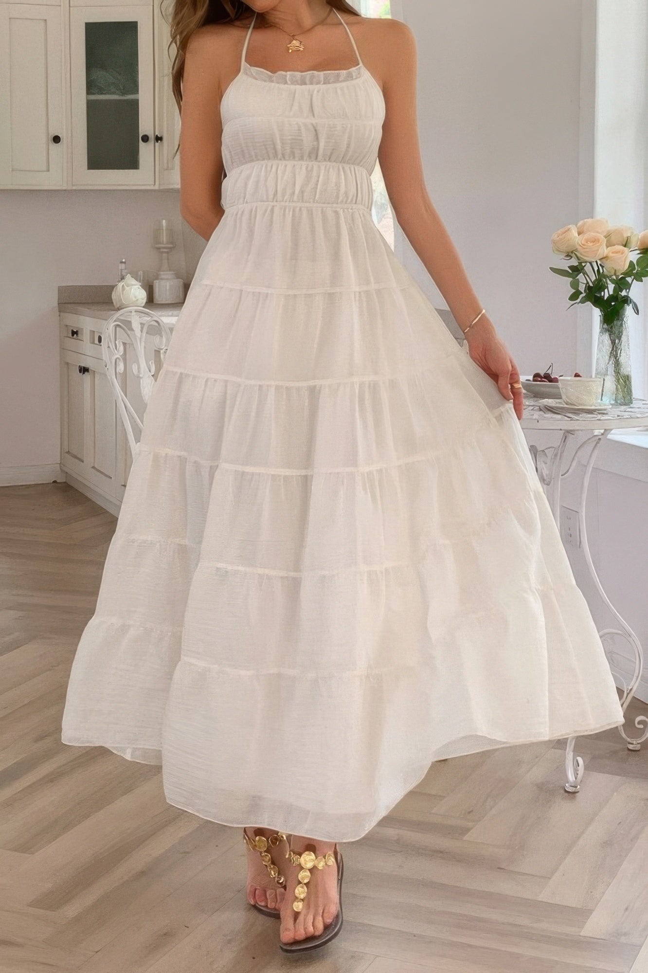 Solid Halter Ruched Textured Tiered Full Dress | by atgodanddesigns