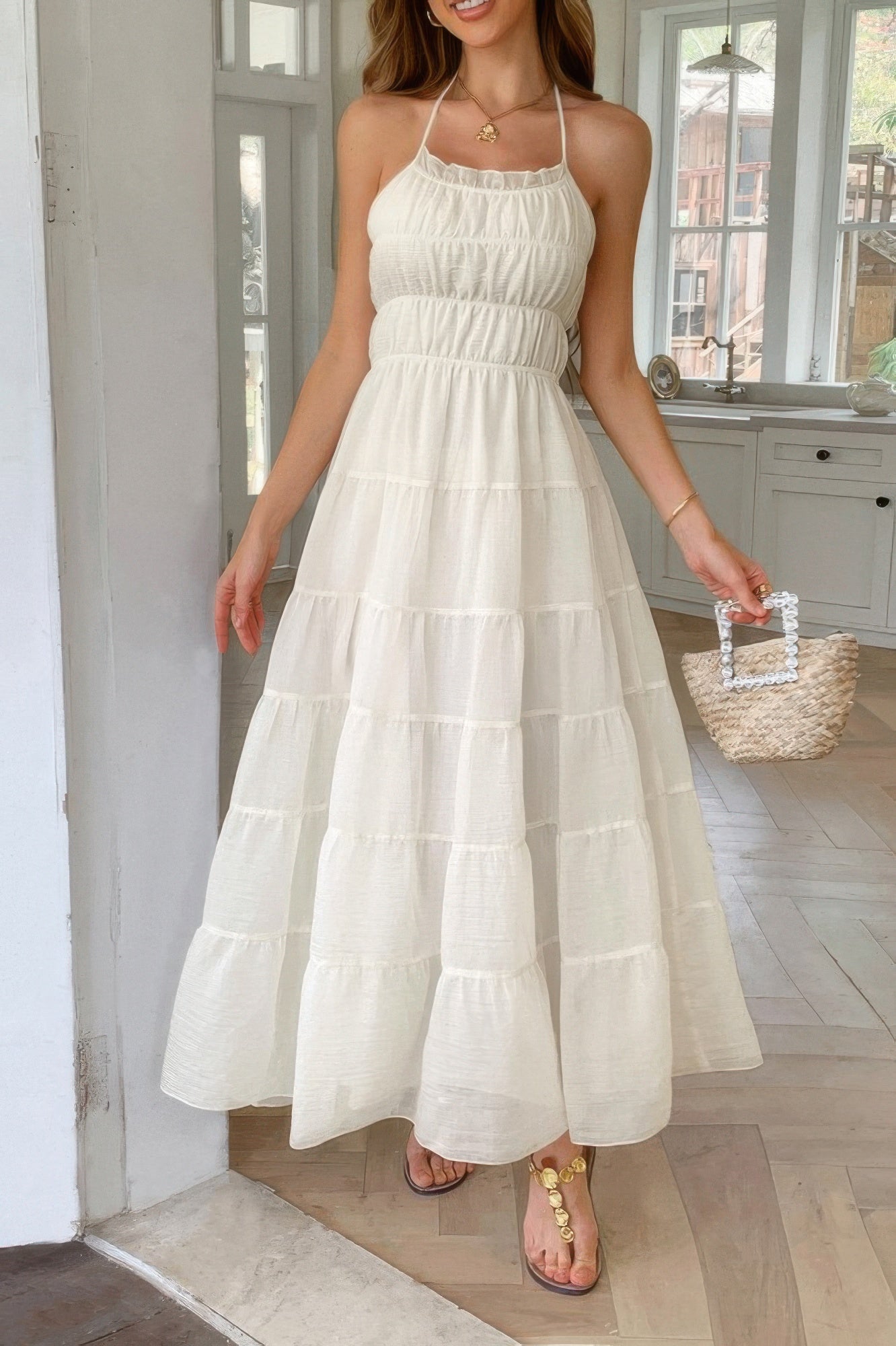 Solid Halter Ruched Textured Tiered Full Dress | by atgodanddesigns