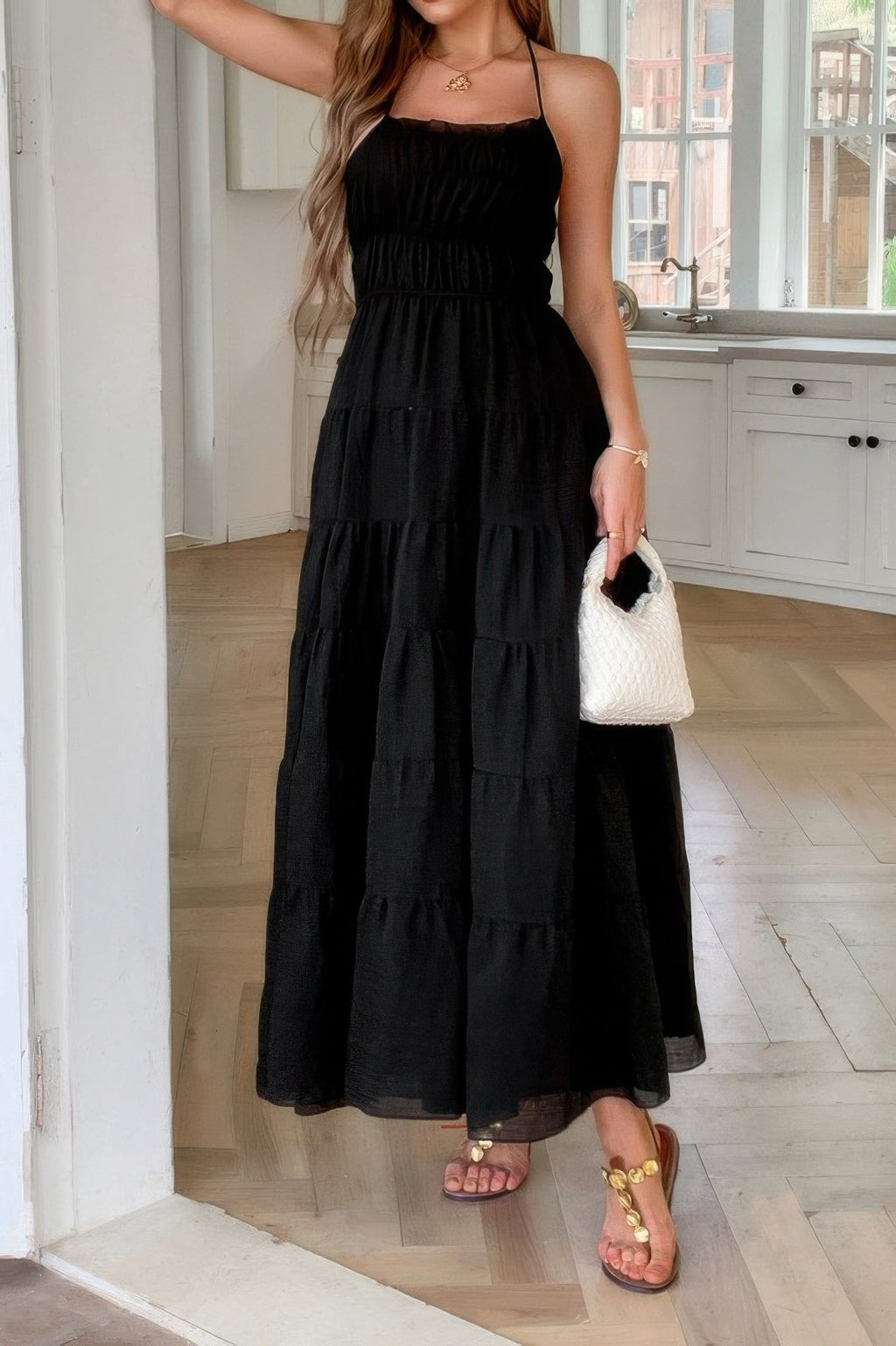 Solid Halter Ruched Textured Tiered Full Dress | by atgodanddesigns