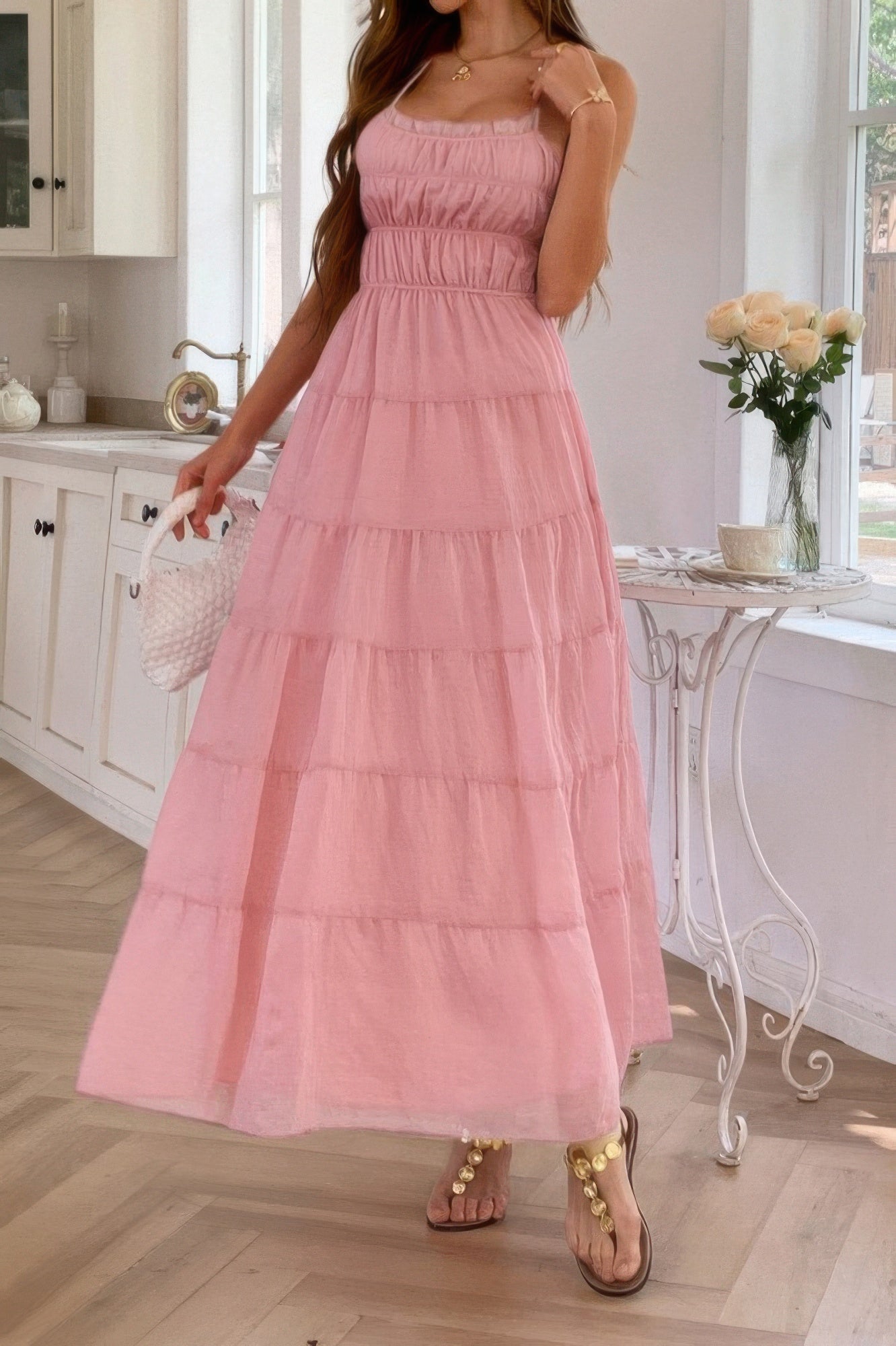 Solid Halter Ruched Textured Tiered Full Dress | by atgodanddesigns