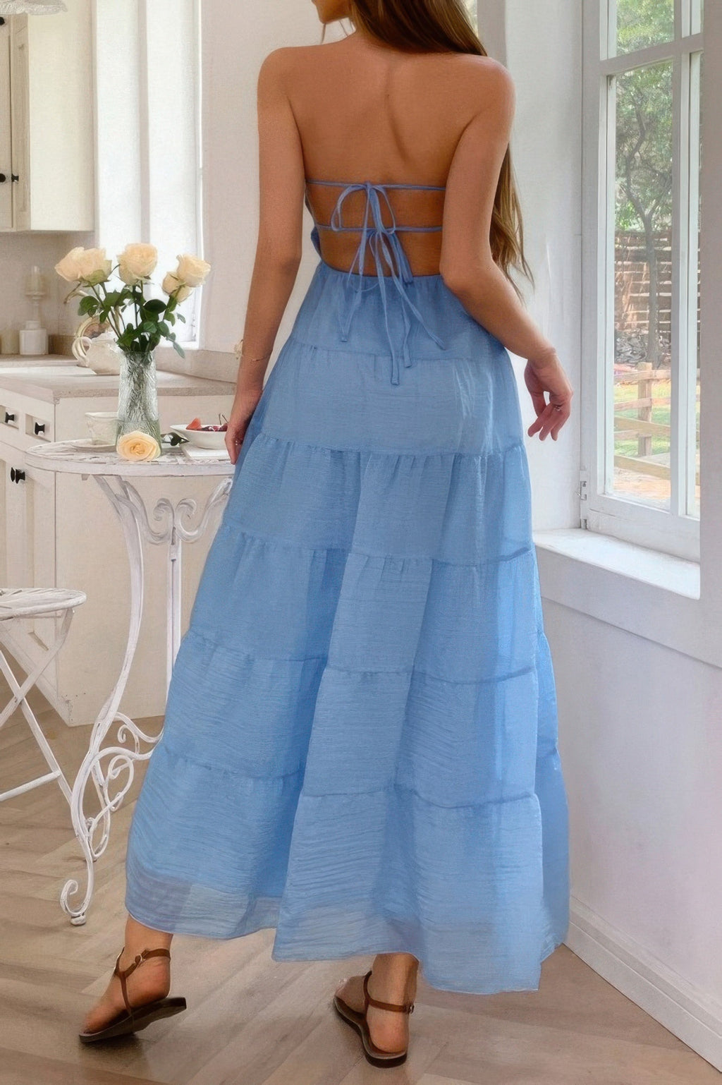 Solid Halter Ruched Textured Tiered Full Dress | by atgodanddesigns