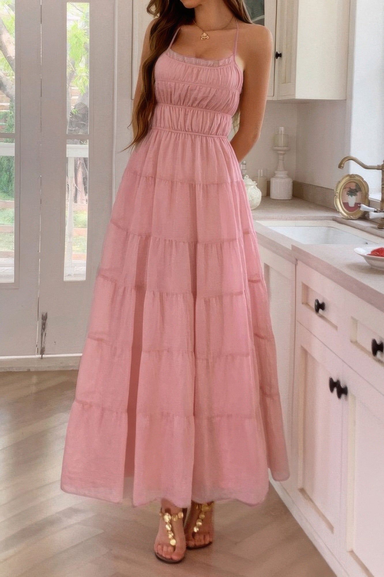 Solid Halter Ruched Textured Tiered Full Dress | by atgodanddesigns