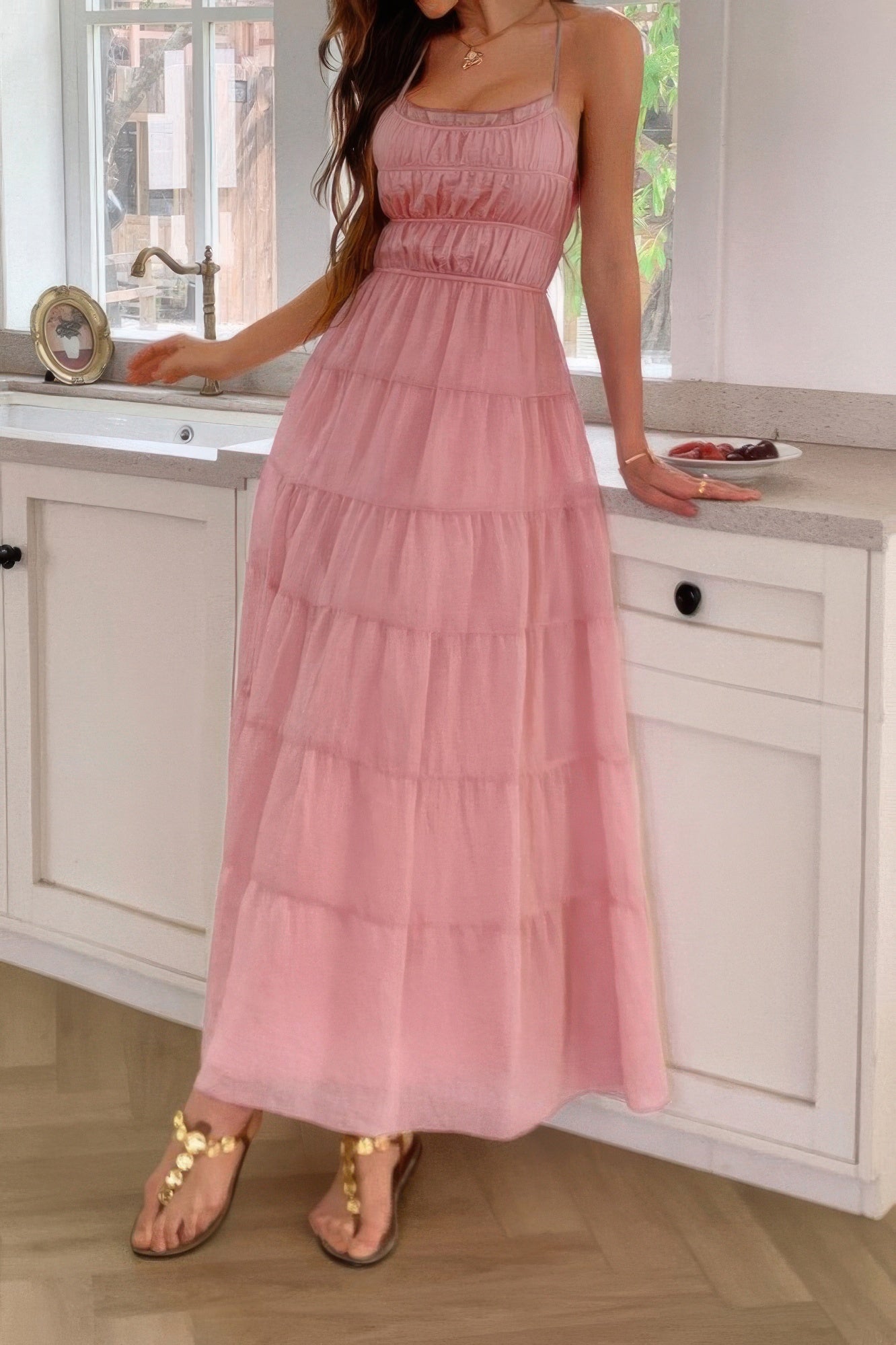 Solid Halter Ruched Textured Tiered Full Dress | by atgodanddesigns