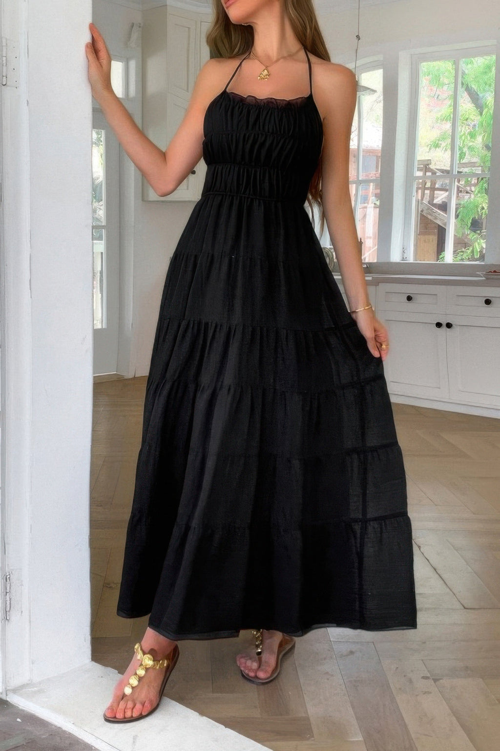 Solid Halter Ruched Textured Tiered Full Dress | by atgodanddesigns
