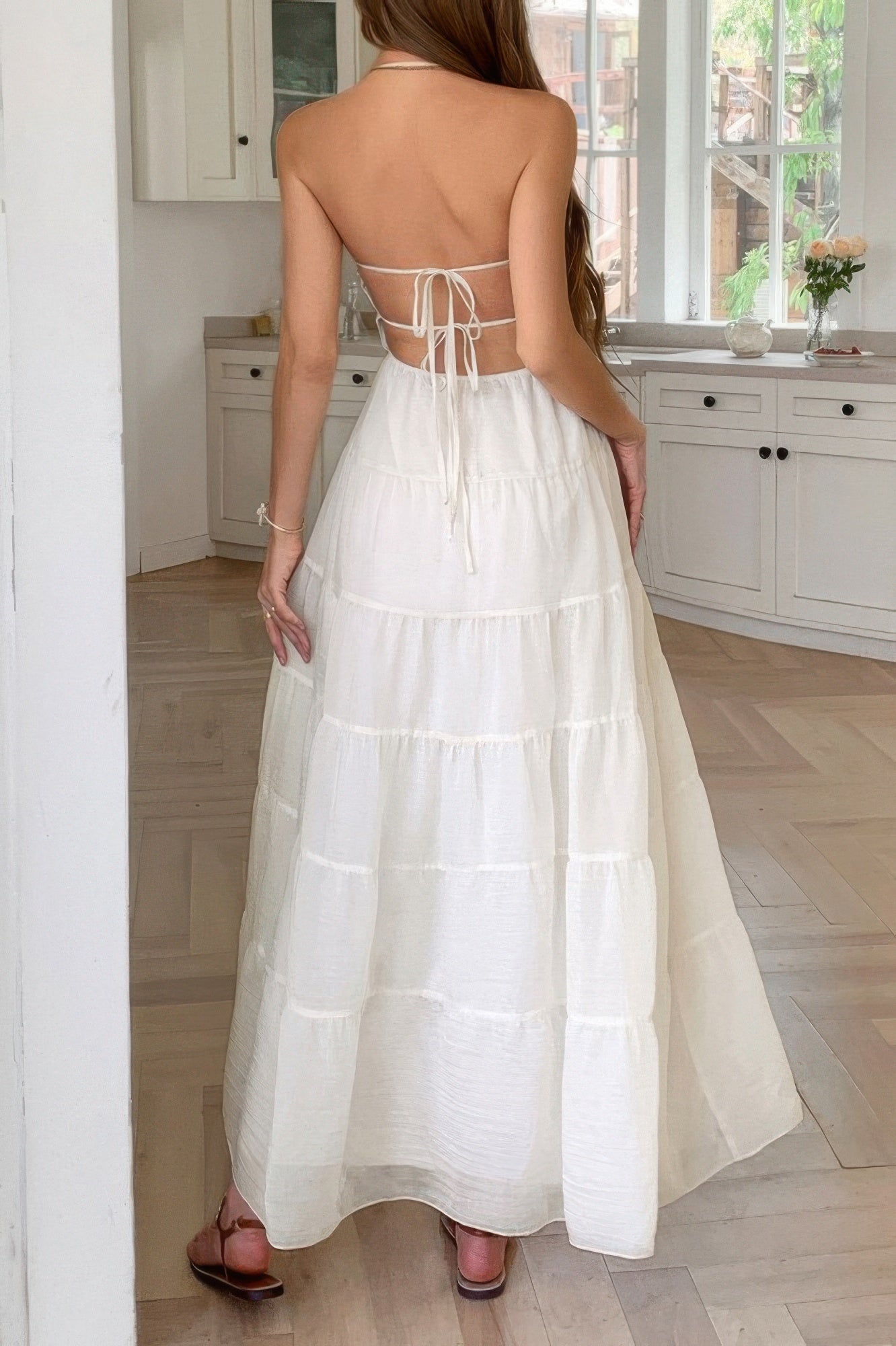 Solid Halter Ruched Textured Tiered Full Dress | by atgodanddesigns
