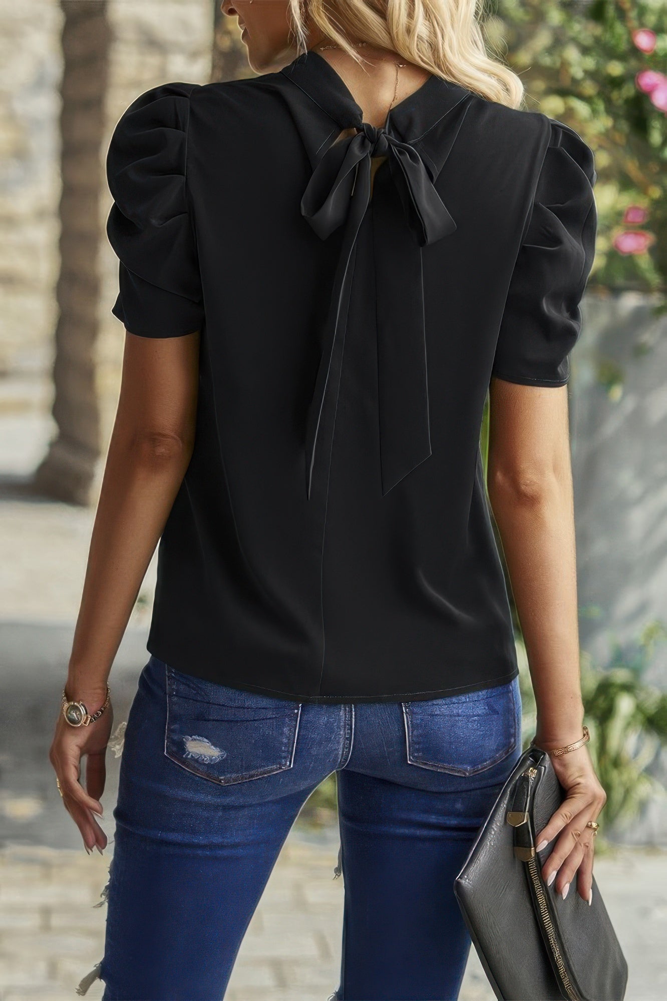 Solid Puff Short Sleeve Mock Neck Pleated T Shirt | by atgodanddesigns