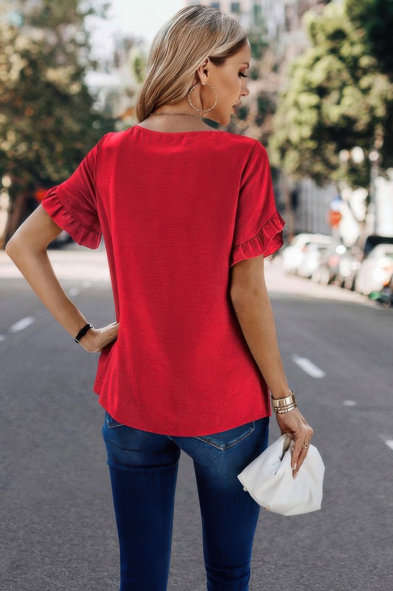 Solid Round Neck Ruffle Sleeve Loose Fit Blouse | by atgodanddesigns