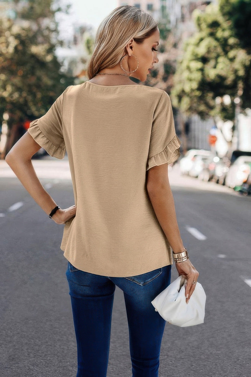 Solid Round Neck Ruffle Sleeve Loose Fit Blouse | by atgodanddesigns