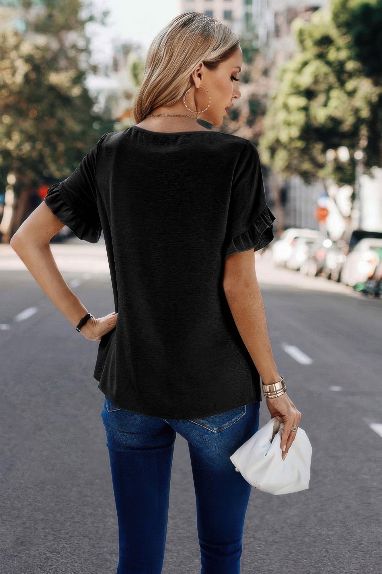 Solid Round Neck Ruffle Sleeve Loose Fit Blouse | by atgodanddesigns