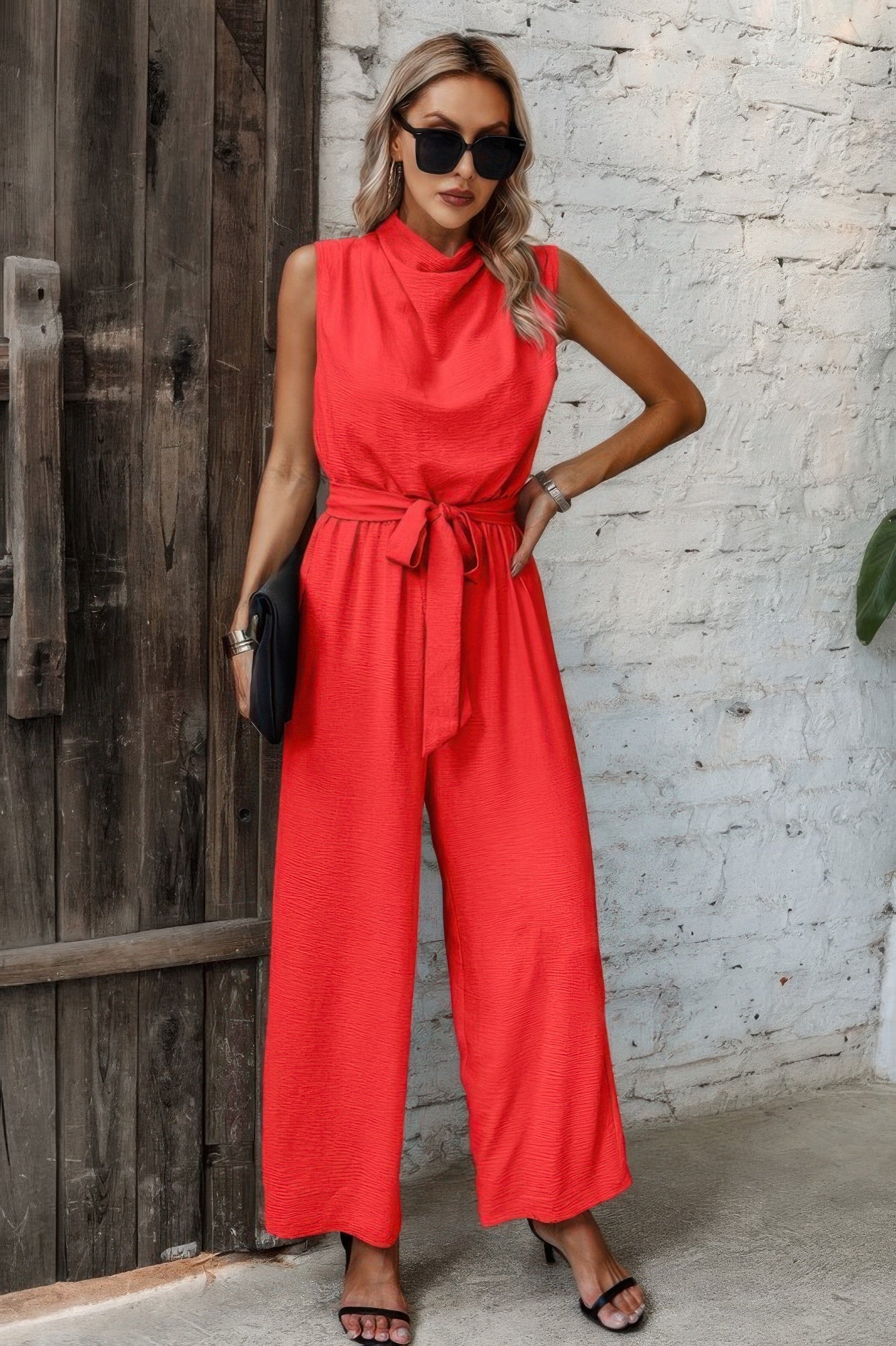 Solid Sleeveless Cut Out Back Belted Jumpsuit | by atgodanddesigns