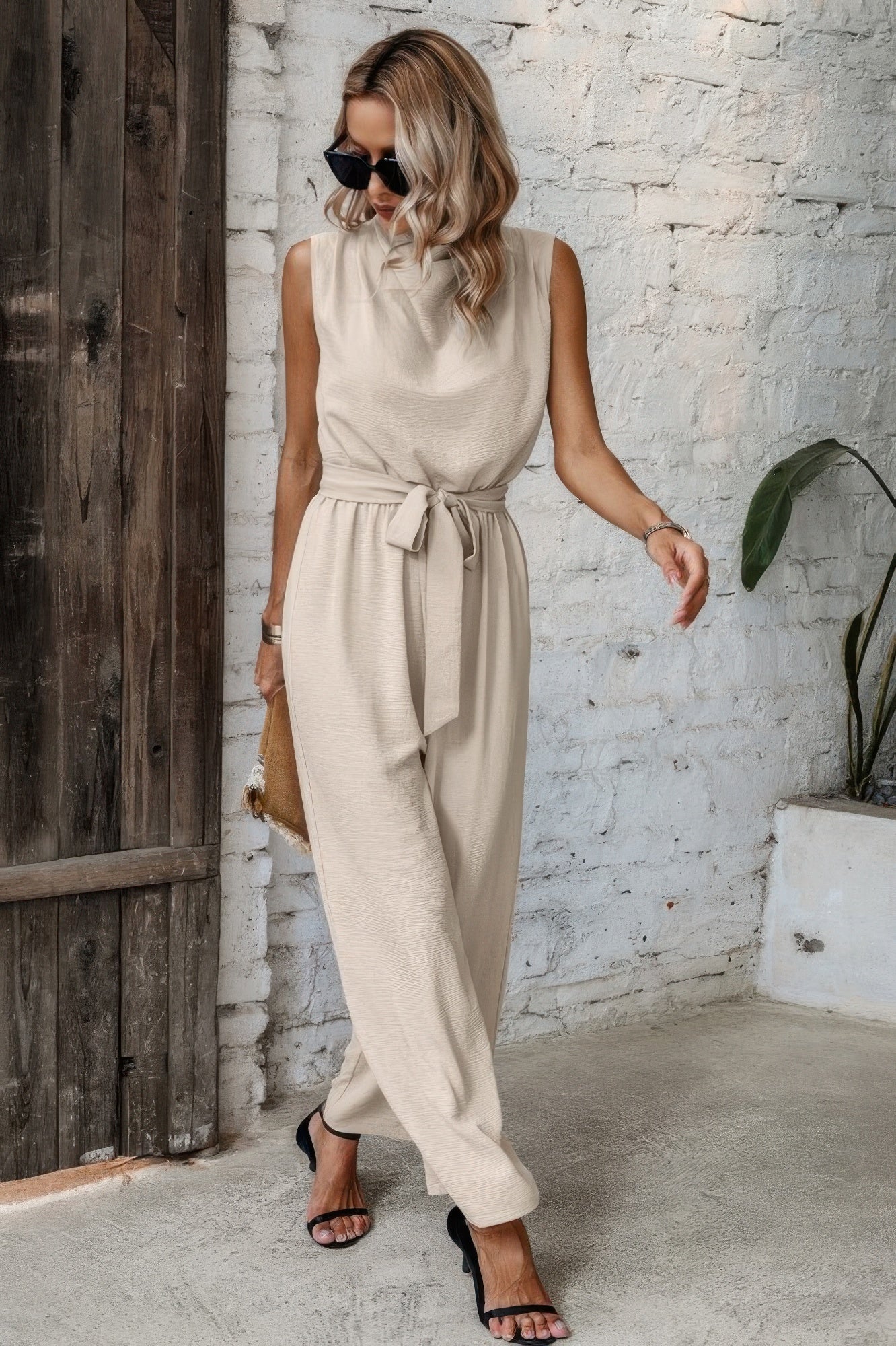 Solid Sleeveless Cut Out Back Belted Jumpsuit | by atgodanddesigns