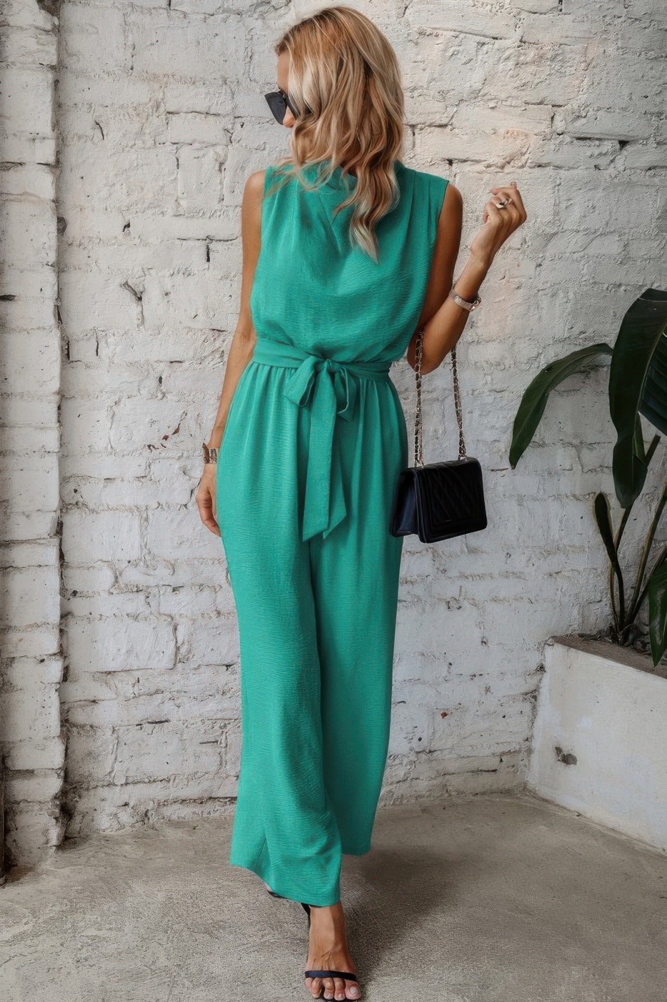 Solid Sleeveless Cut Out Back Belted Jumpsuit | by atgodanddesigns