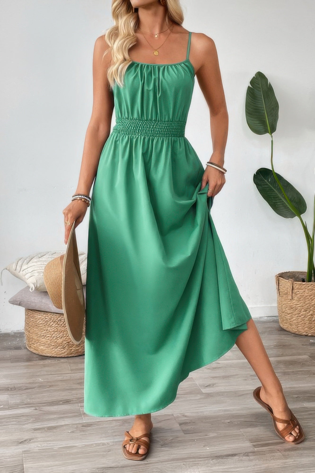 Solid Sleeveless Ruched Elactic Waist A Line Dress | by atgodanddesigns