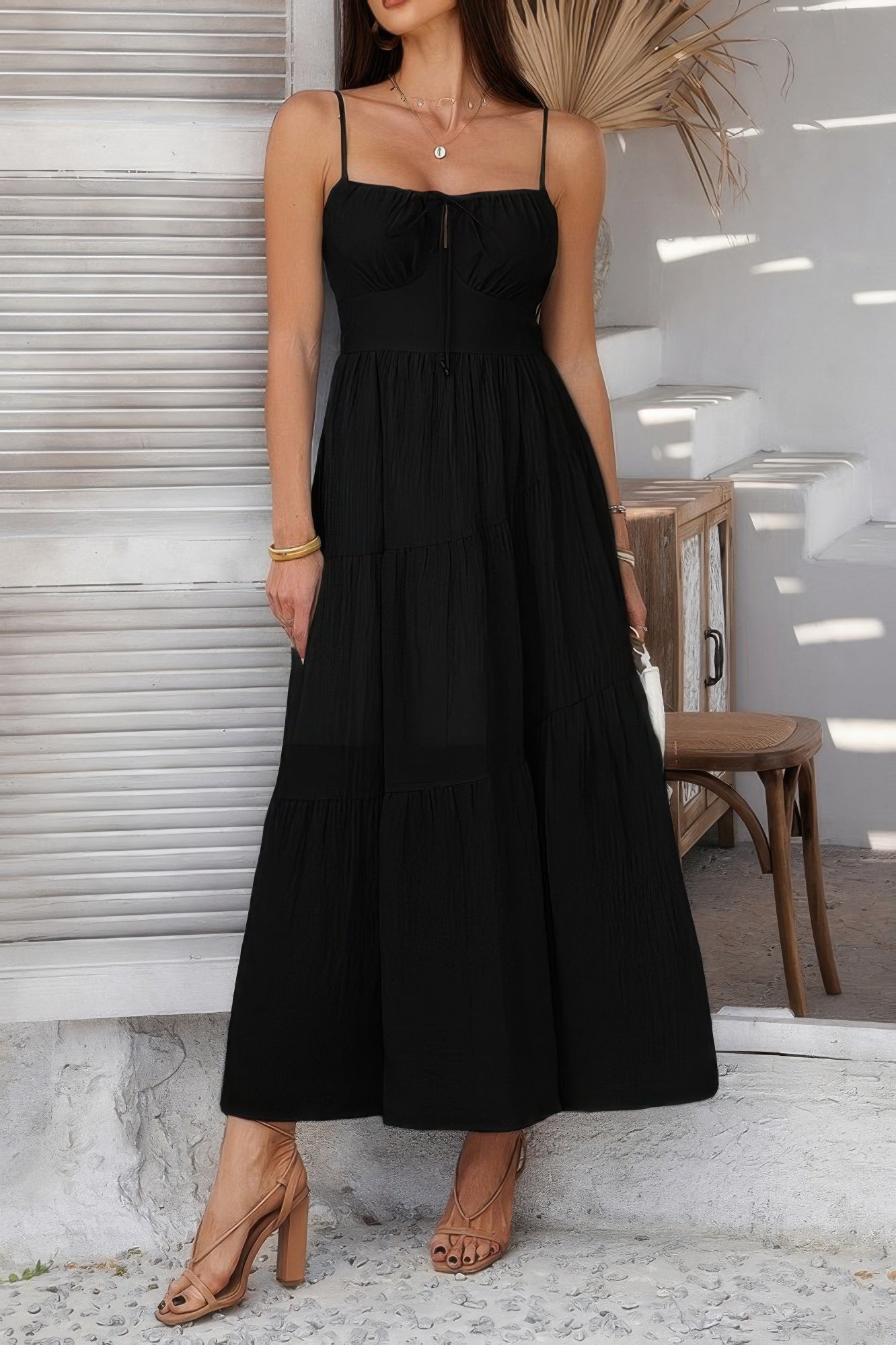 Solid Sleeveless Smocked Tiered Maxi Cami Dress | by atgodanddesigns