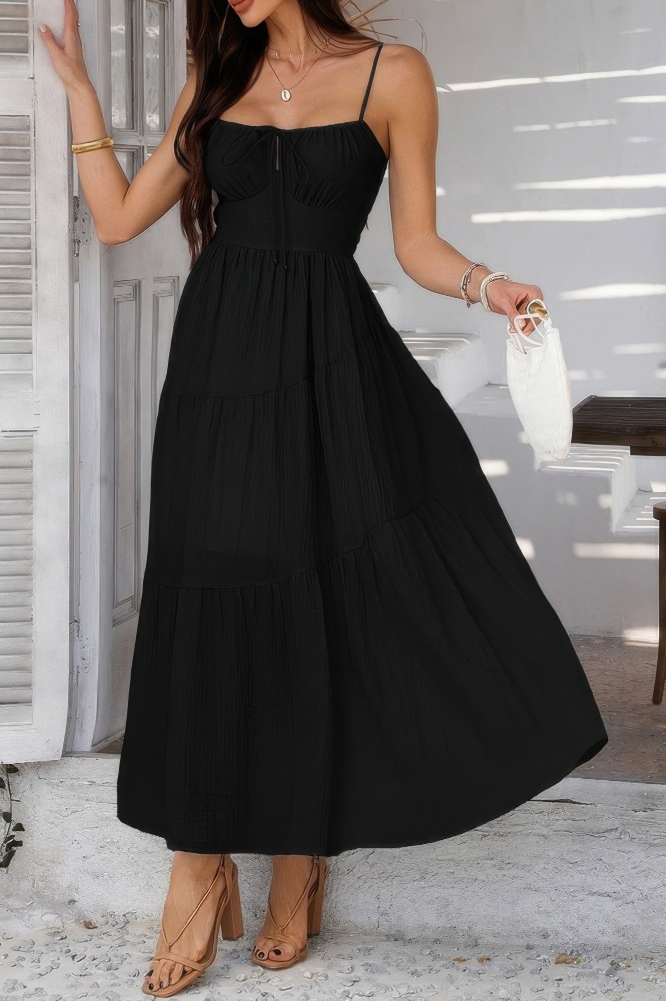 Solid Sleeveless Smocked Tiered Maxi Cami Dress | by atgodanddesigns