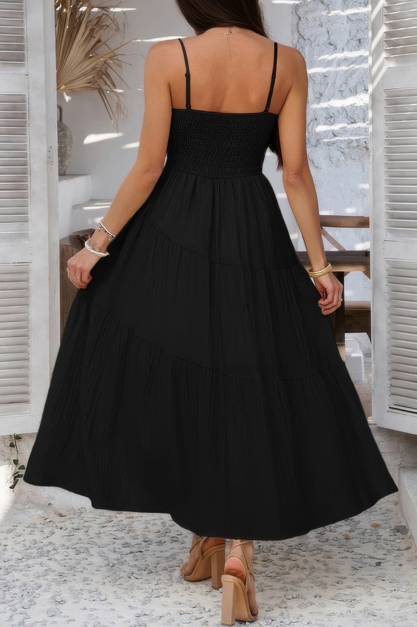 Solid Sleeveless Smocked Tiered Maxi Cami Dress | by atgodanddesigns