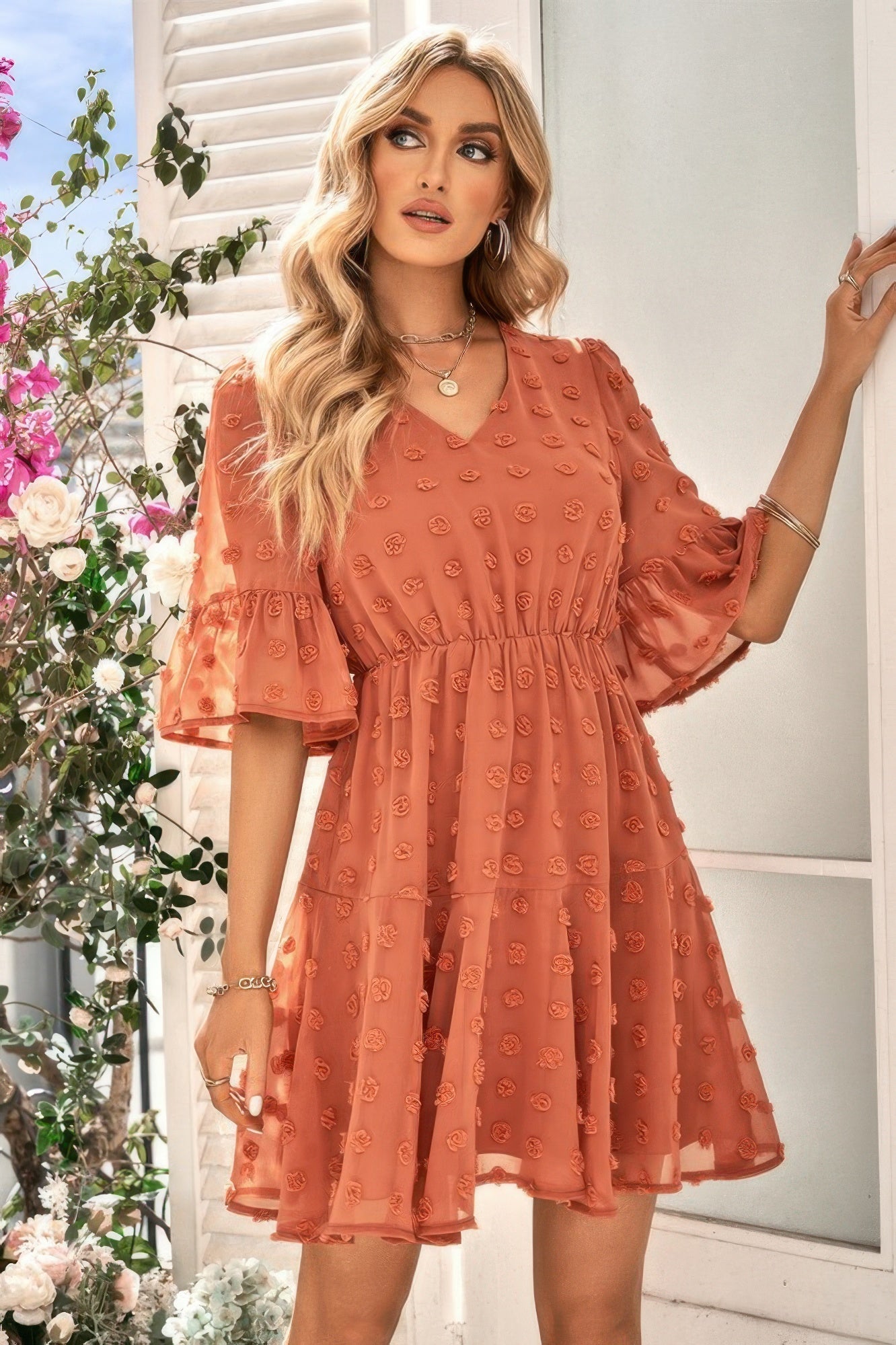 Solid Swiss Dot Flare Sleeve V Neck Dress | by atgodanddesigns