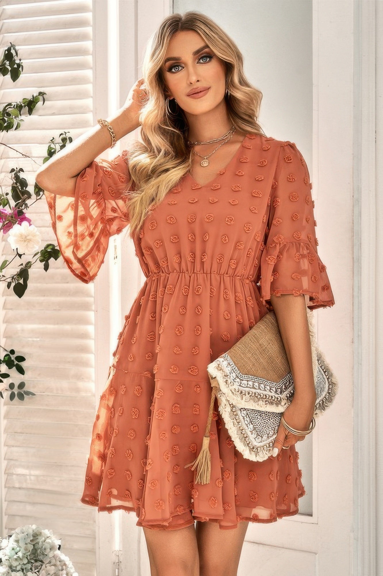 Solid Swiss Dot Flare Sleeve V Neck Dress | by atgodanddesigns