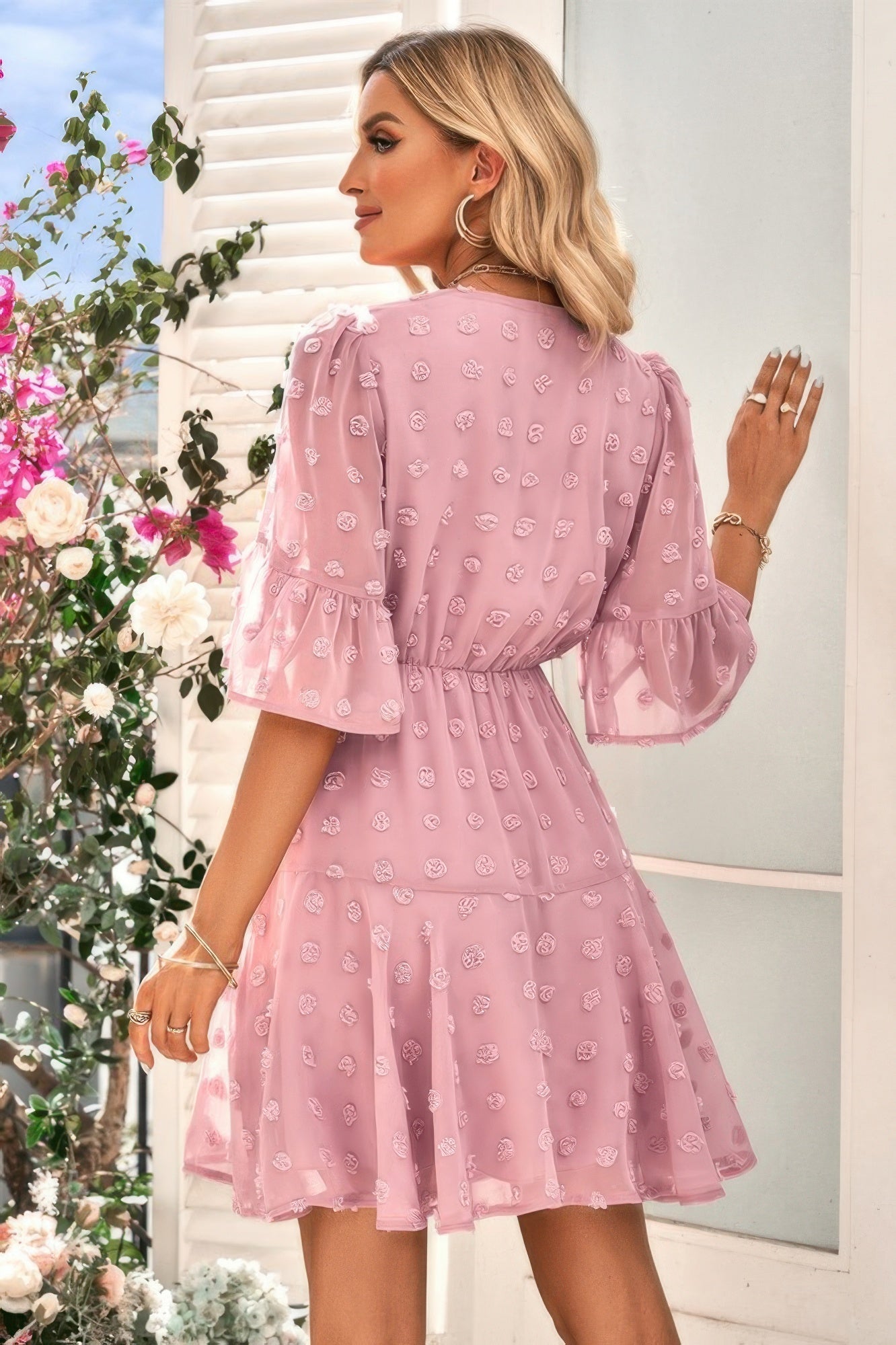 Solid Swiss Dot Flare Sleeve V Neck Dress | by atgodanddesigns
