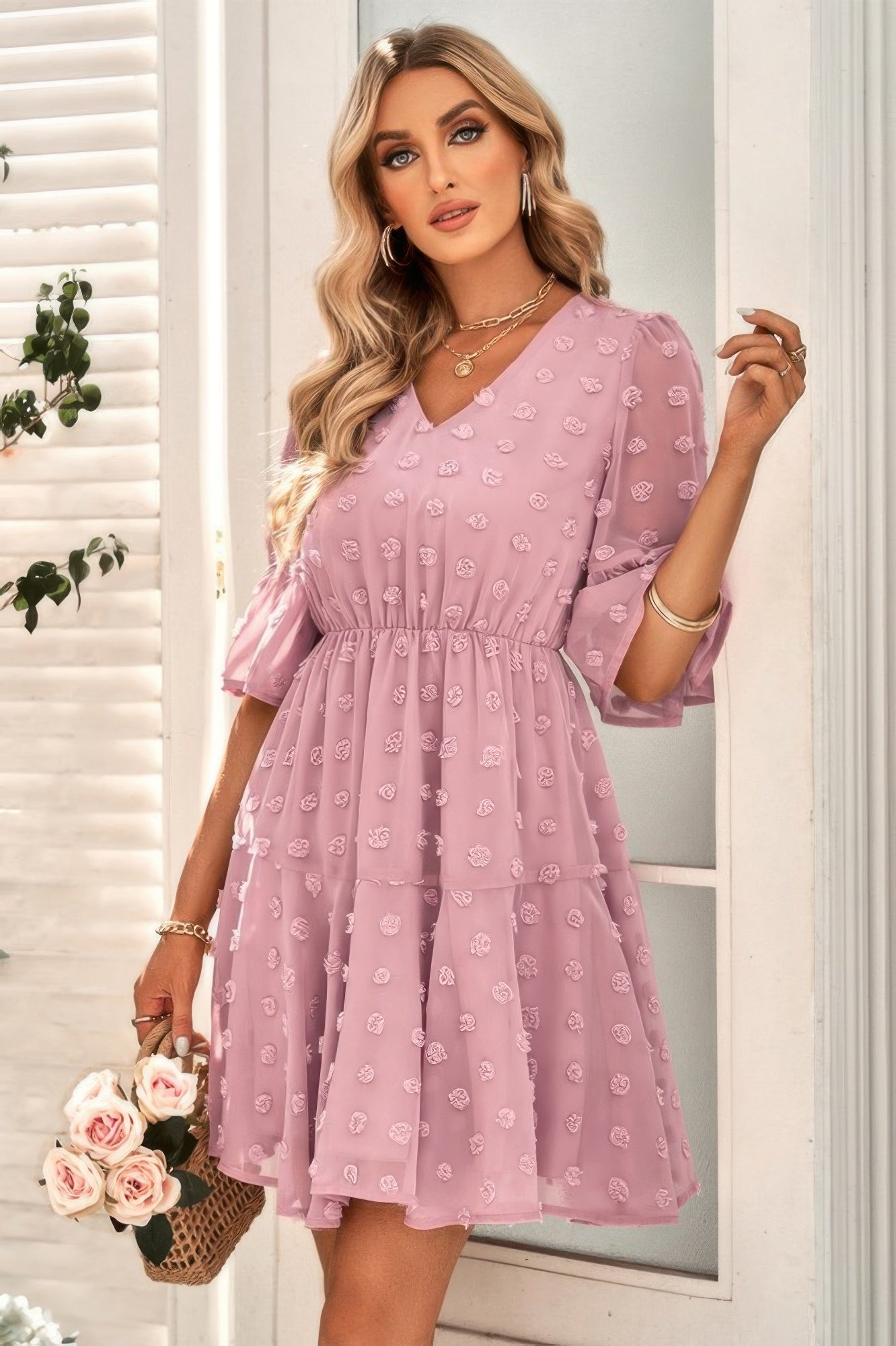 Solid Swiss Dot Flare Sleeve V Neck Dress | by atgodanddesigns