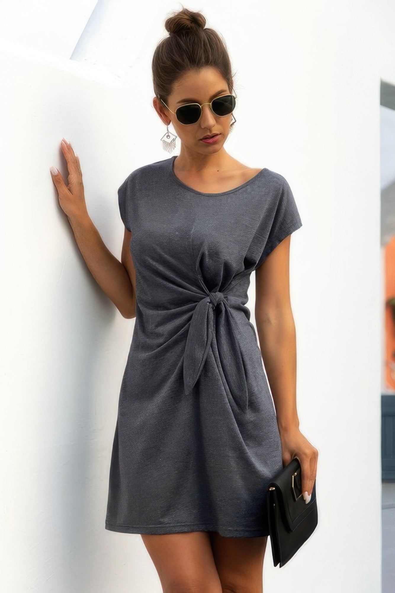 Solid Twist Knot Front Short Sleeve Tee Fit Dress | by atgodanddesigns