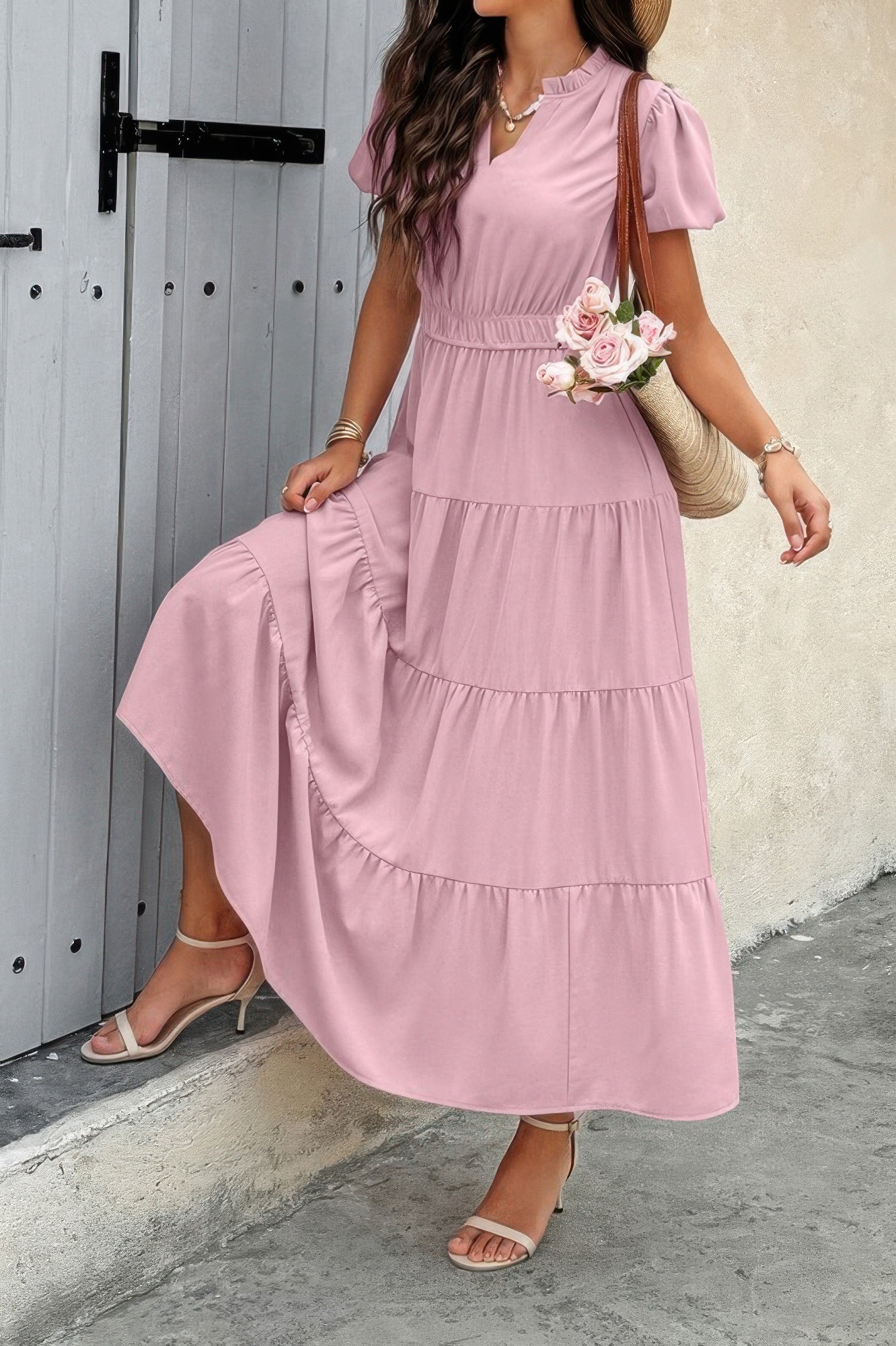 Solid V Neck Color Block Elastic Waist Dress | by atgodanddesigns