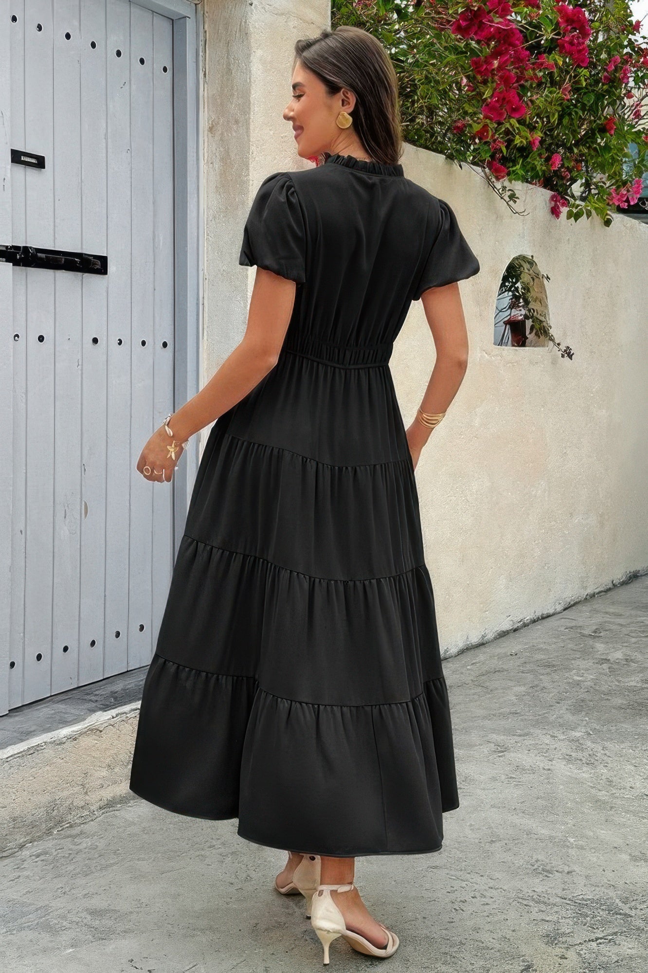 Solid V Neck Color Block Elastic Waist Dress | by atgodanddesigns