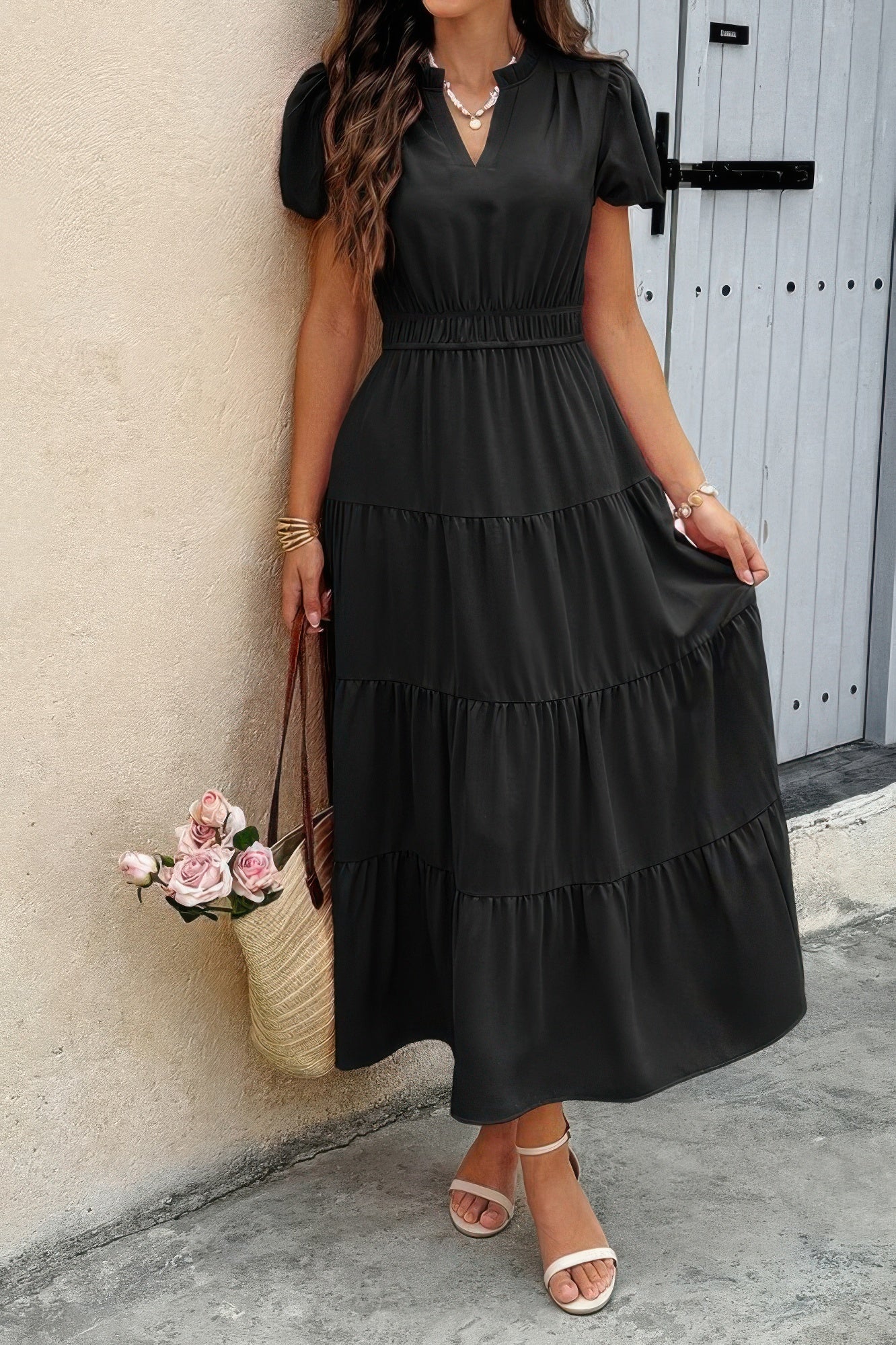 Solid V Neck Color Block Elastic Waist Dress | by atgodanddesigns