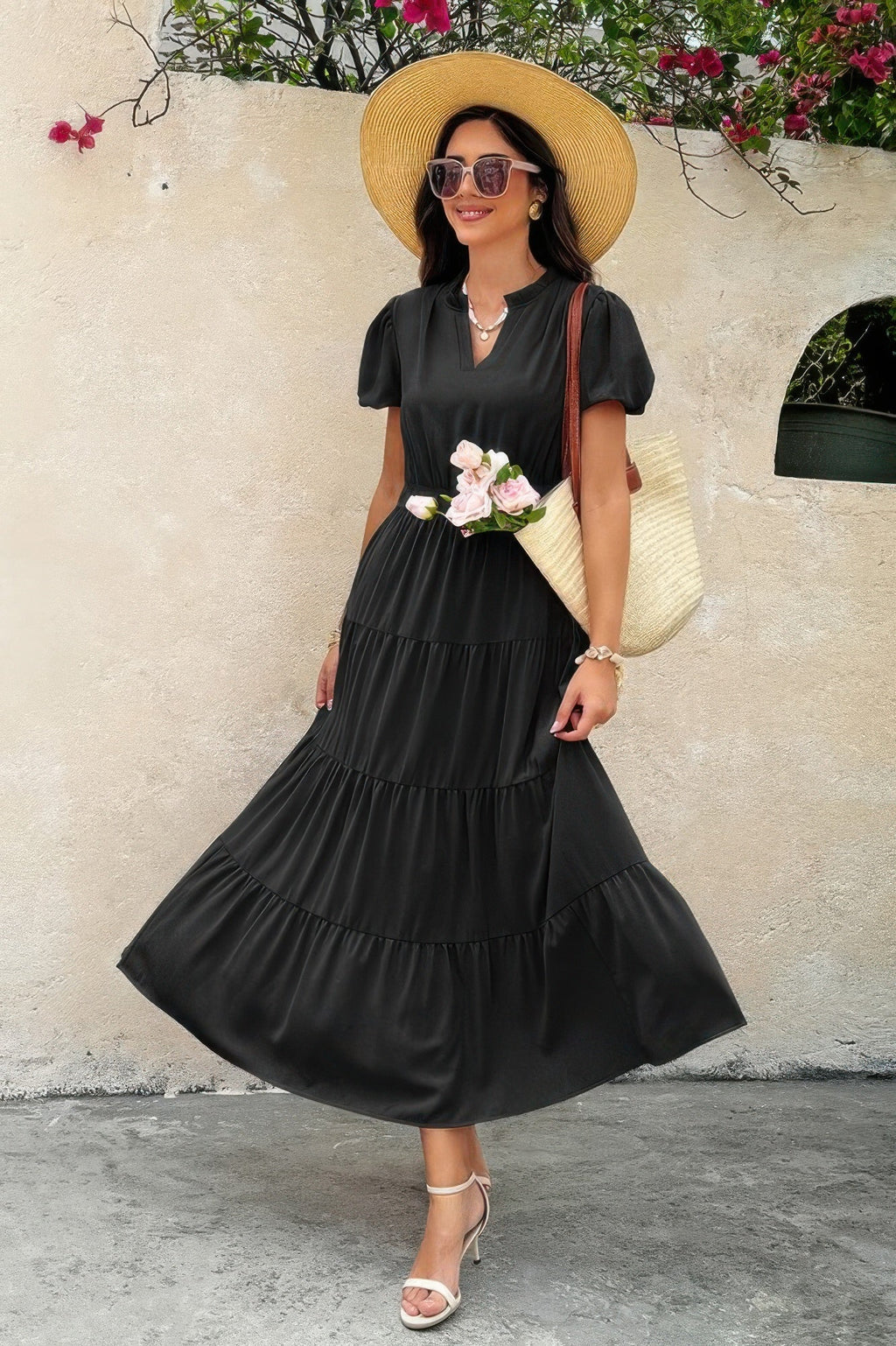 Solid V Neck Color Block Elastic Waist Dress | by atgodanddesigns