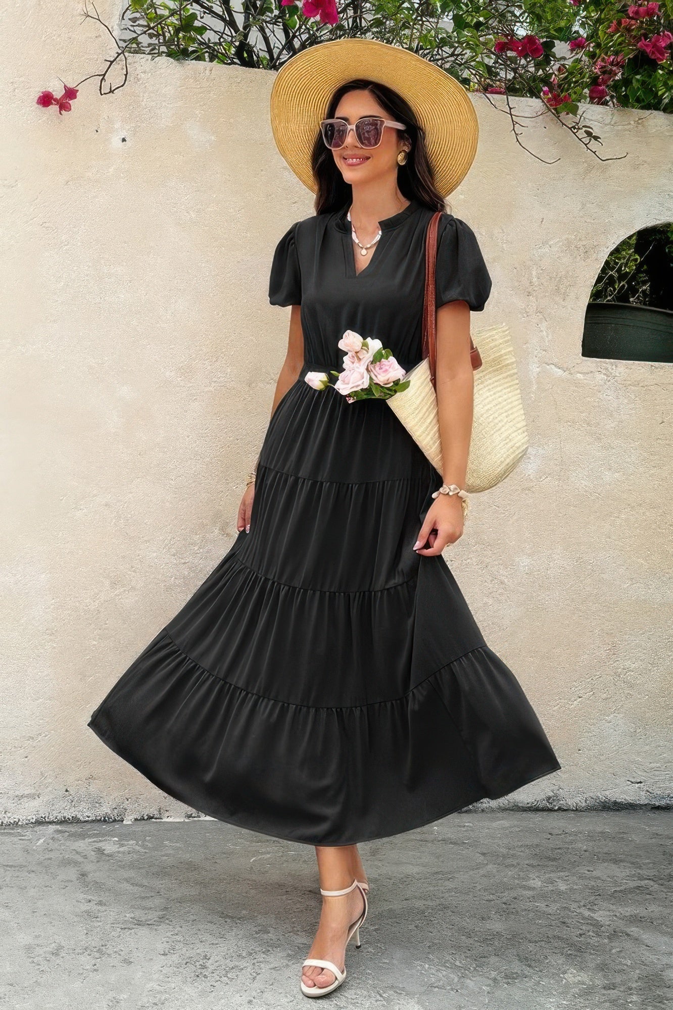 Solid V Neck Color Block Elastic Waist Dress | by atgodanddesigns
