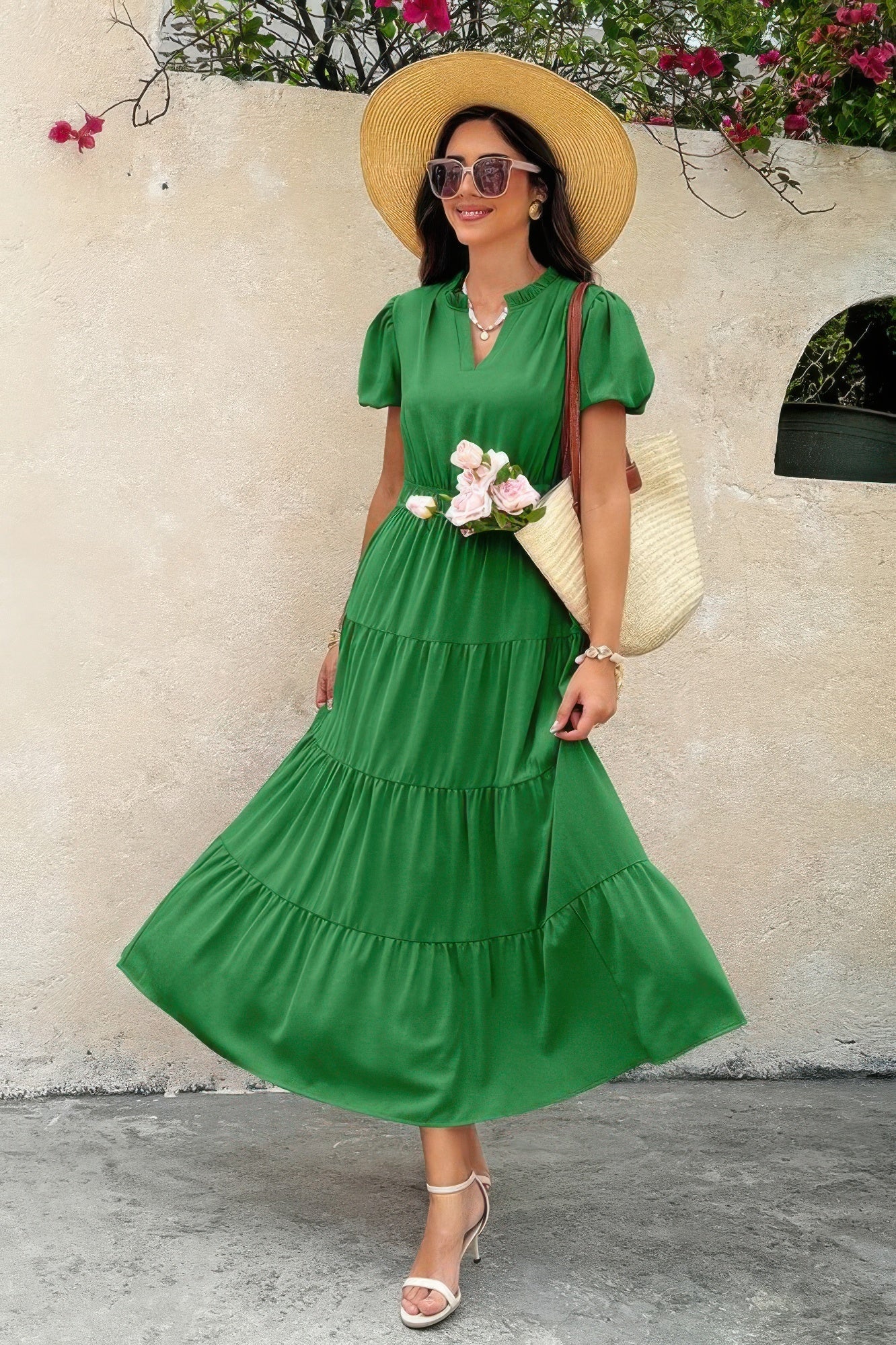 Solid V Neck Color Block Elastic Waist Dress | by atgodanddesigns