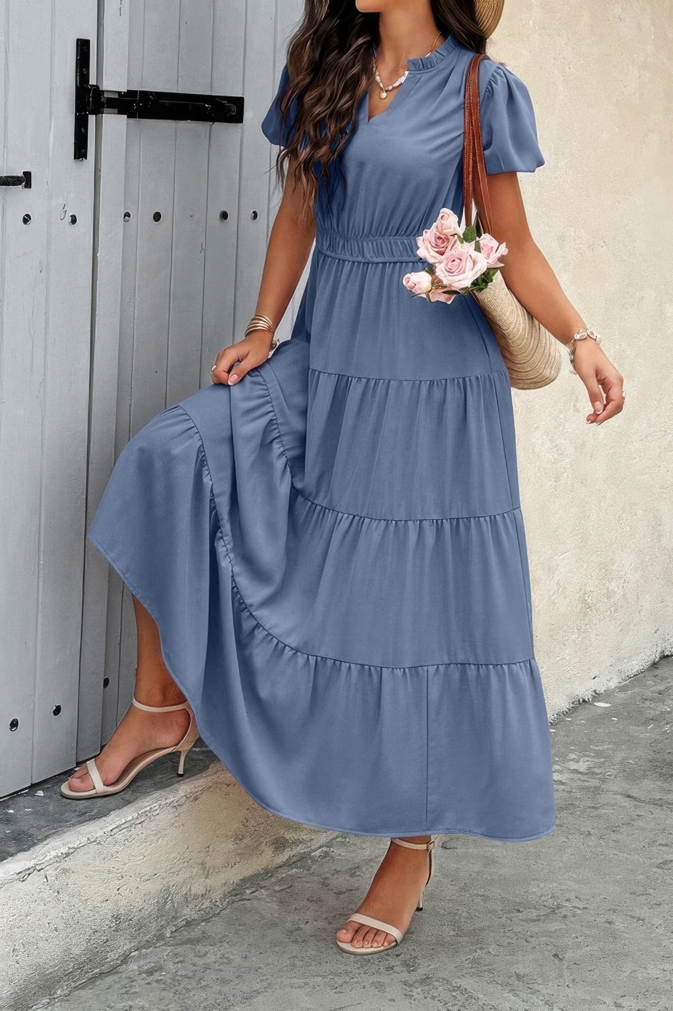 Solid V Neck Color Block Elastic Waist Dress | by atgodanddesigns