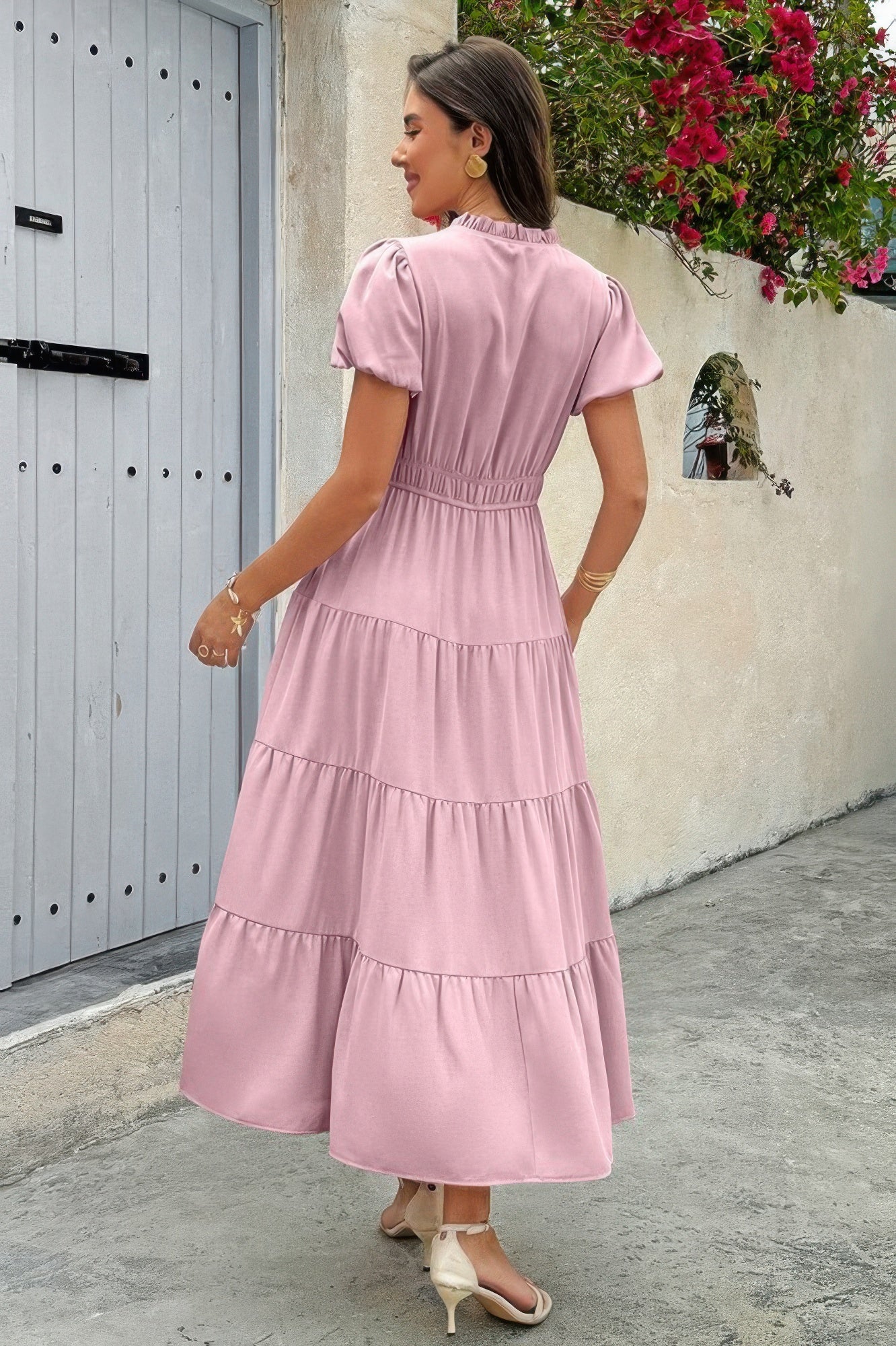 Solid V Neck Color Block Elastic Waist Dress | by atgodanddesigns