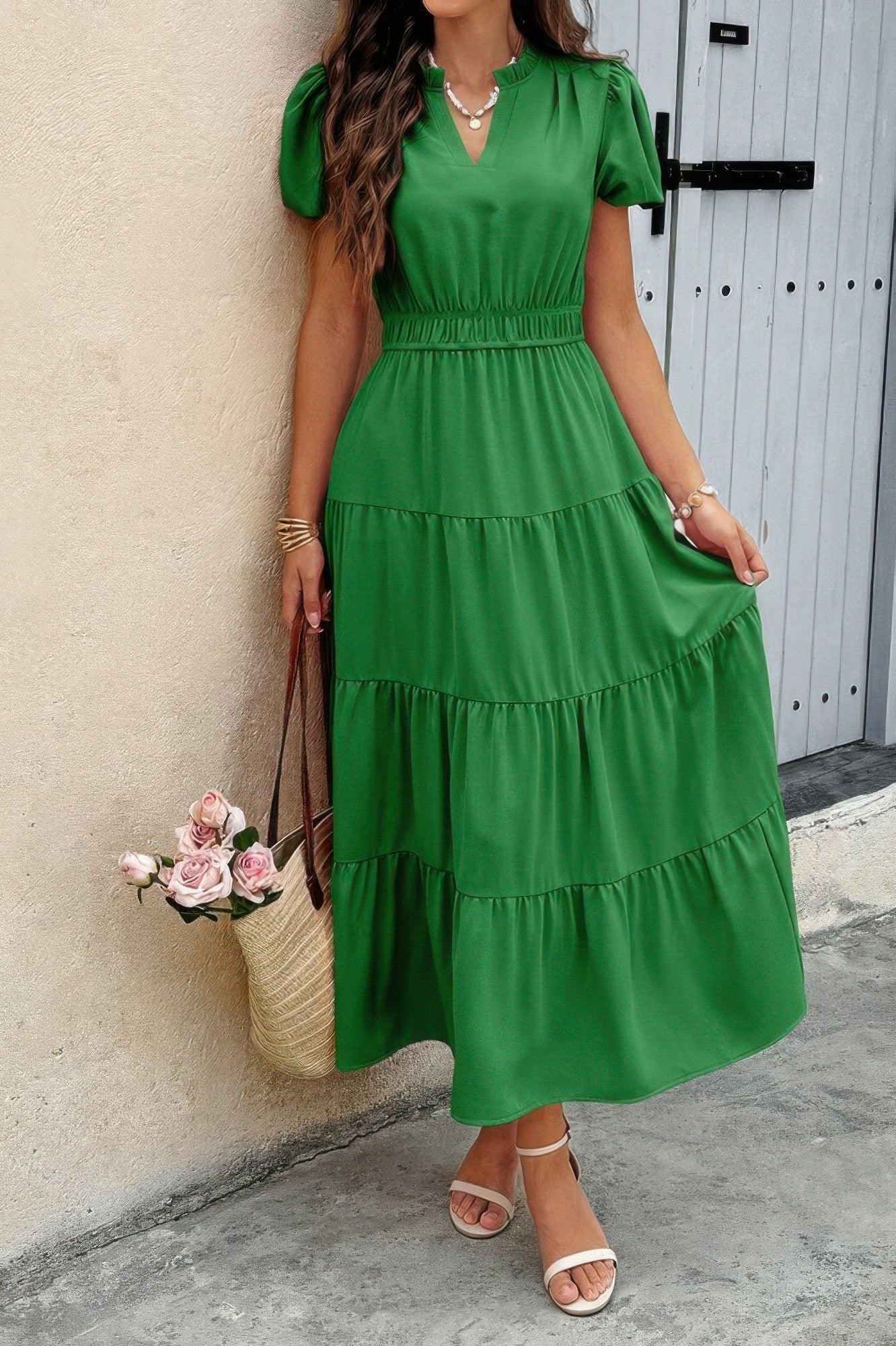 Solid V Neck Color Block Elastic Waist Dress | by atgodanddesigns