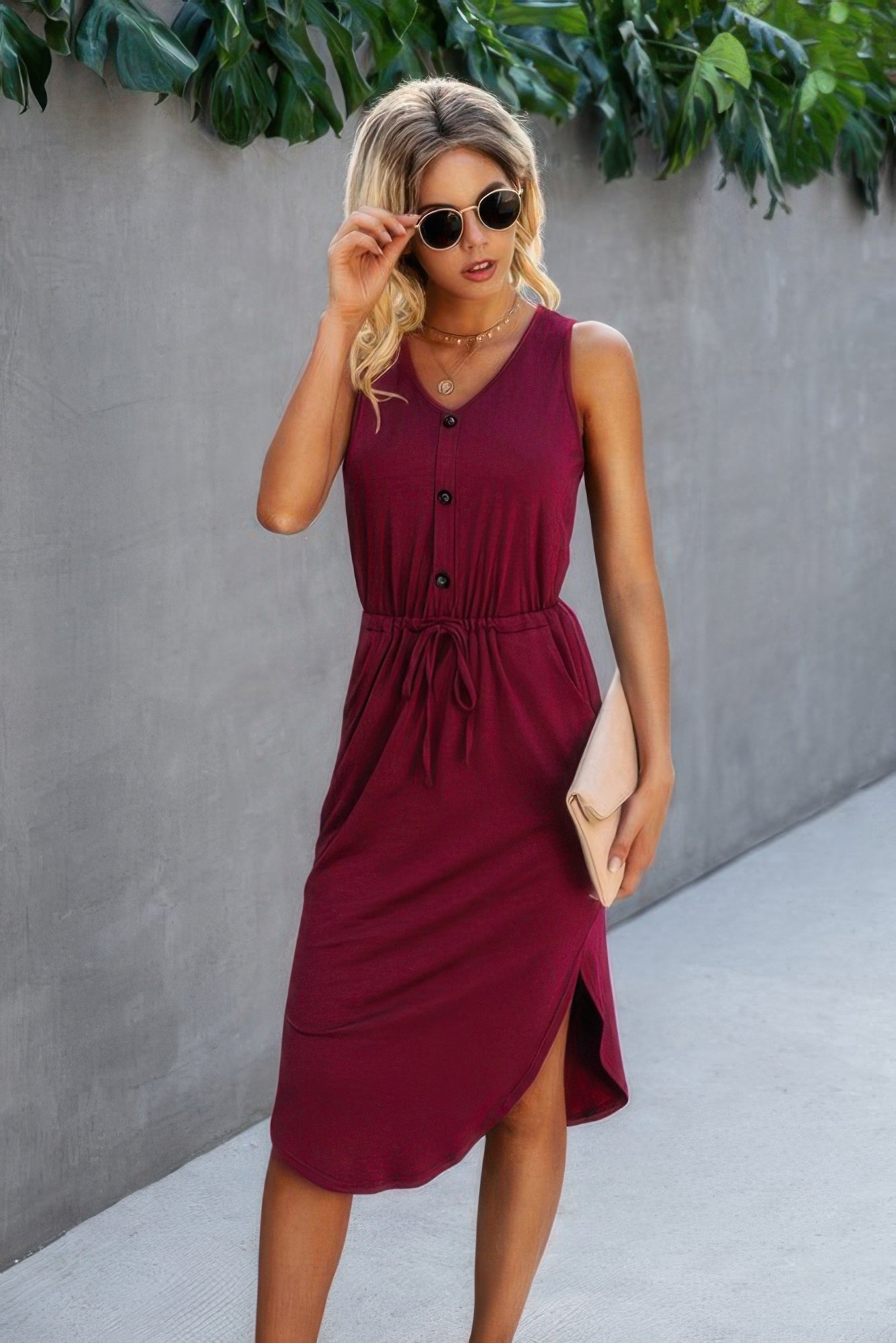Solid V Neck Drawstring Waist Curved Hem Dress | by atgodanddesigns