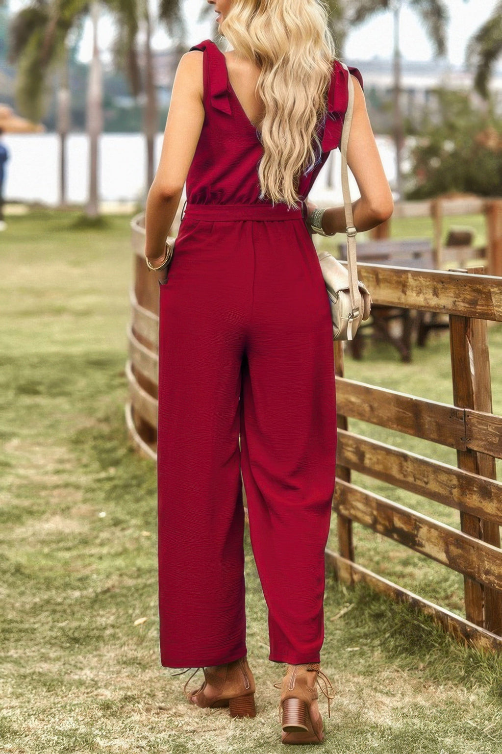 Solid V Neck Knot Shoulder Sleeveless Ruched Belt | by atgodanddesigns