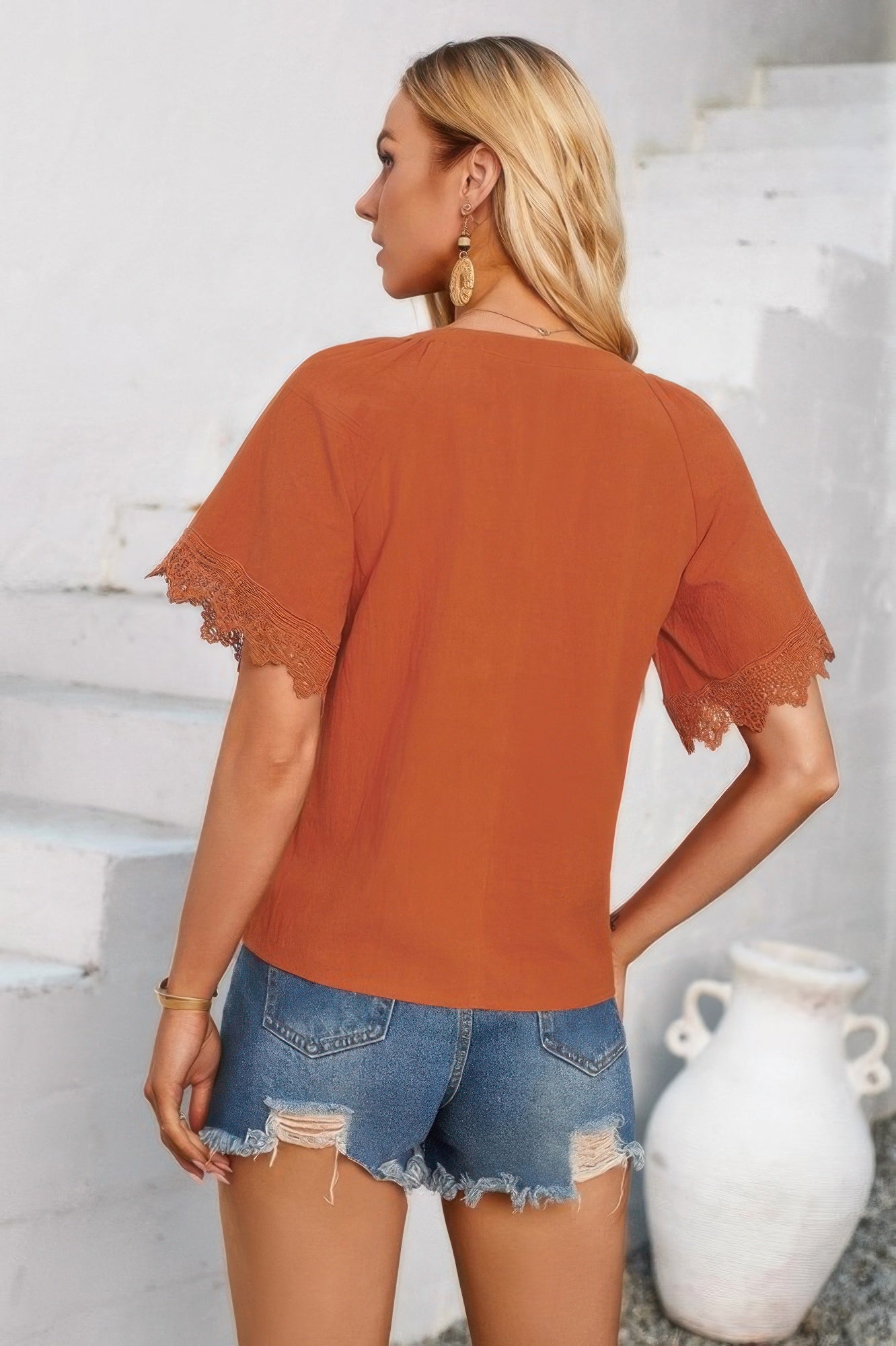 Solid V Neck Lace Hem Butterfly Sleeve Blouse | by atgodanddesigns