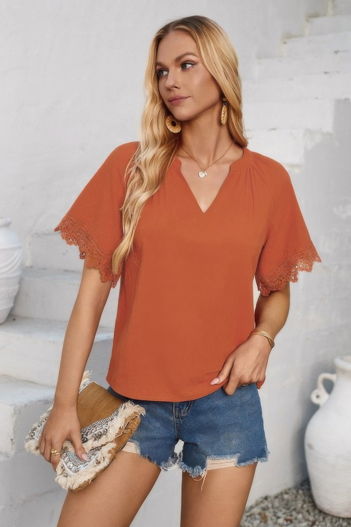 Solid V Neck Lace Hem Butterfly Sleeve Blouse | by atgodanddesigns