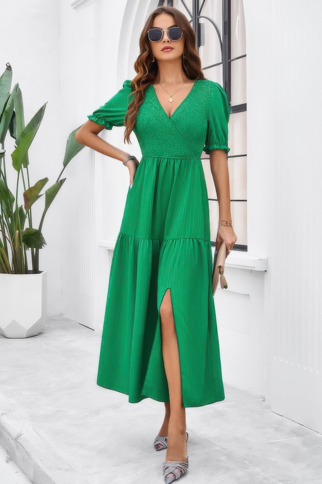 Solid V Neck Ruched High Waist Puff Sleeve Dress | by atgodanddesigns