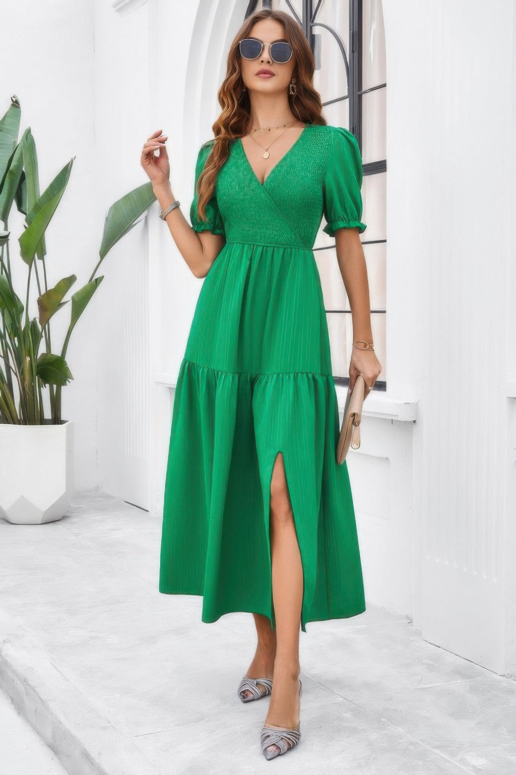 Solid V Neck Ruched High Waist Puff Sleeve Dress | by atgodanddesigns