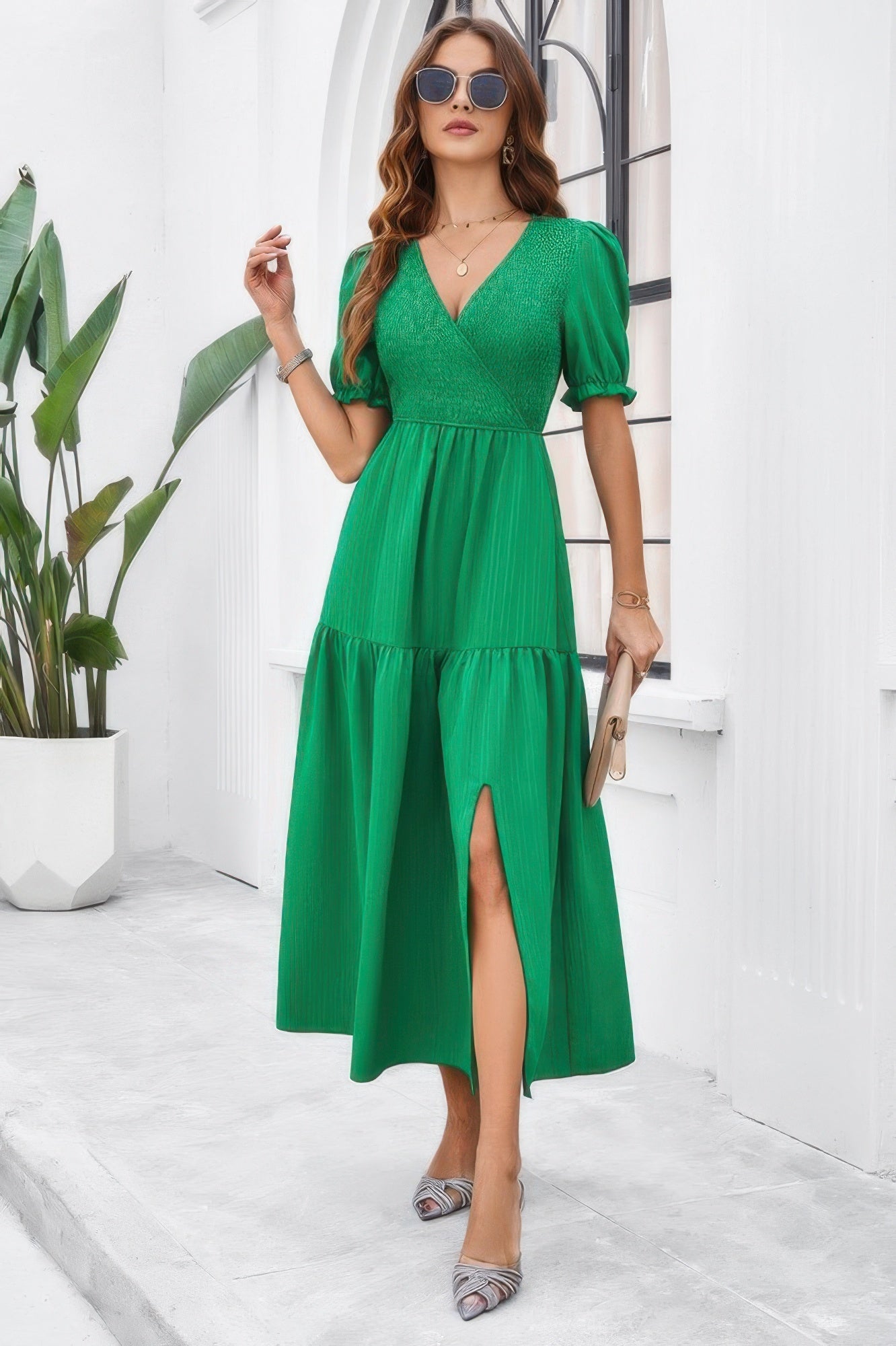 Solid V Neck Ruched High Waist Puff Sleeve Dress | by atgodanddesigns