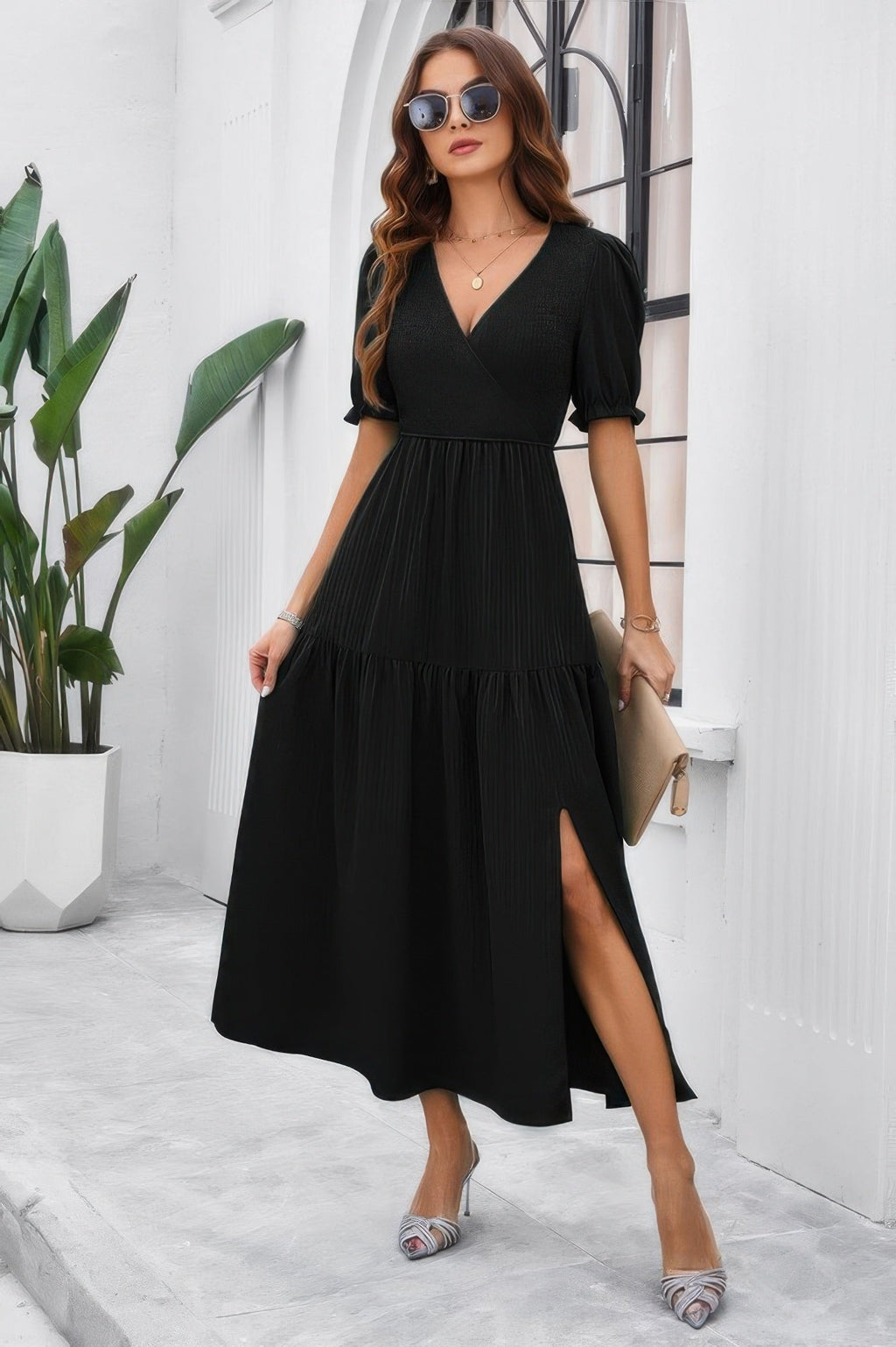 Solid V Neck Ruched High Waist Puff Sleeve Dress | by atgodanddesigns