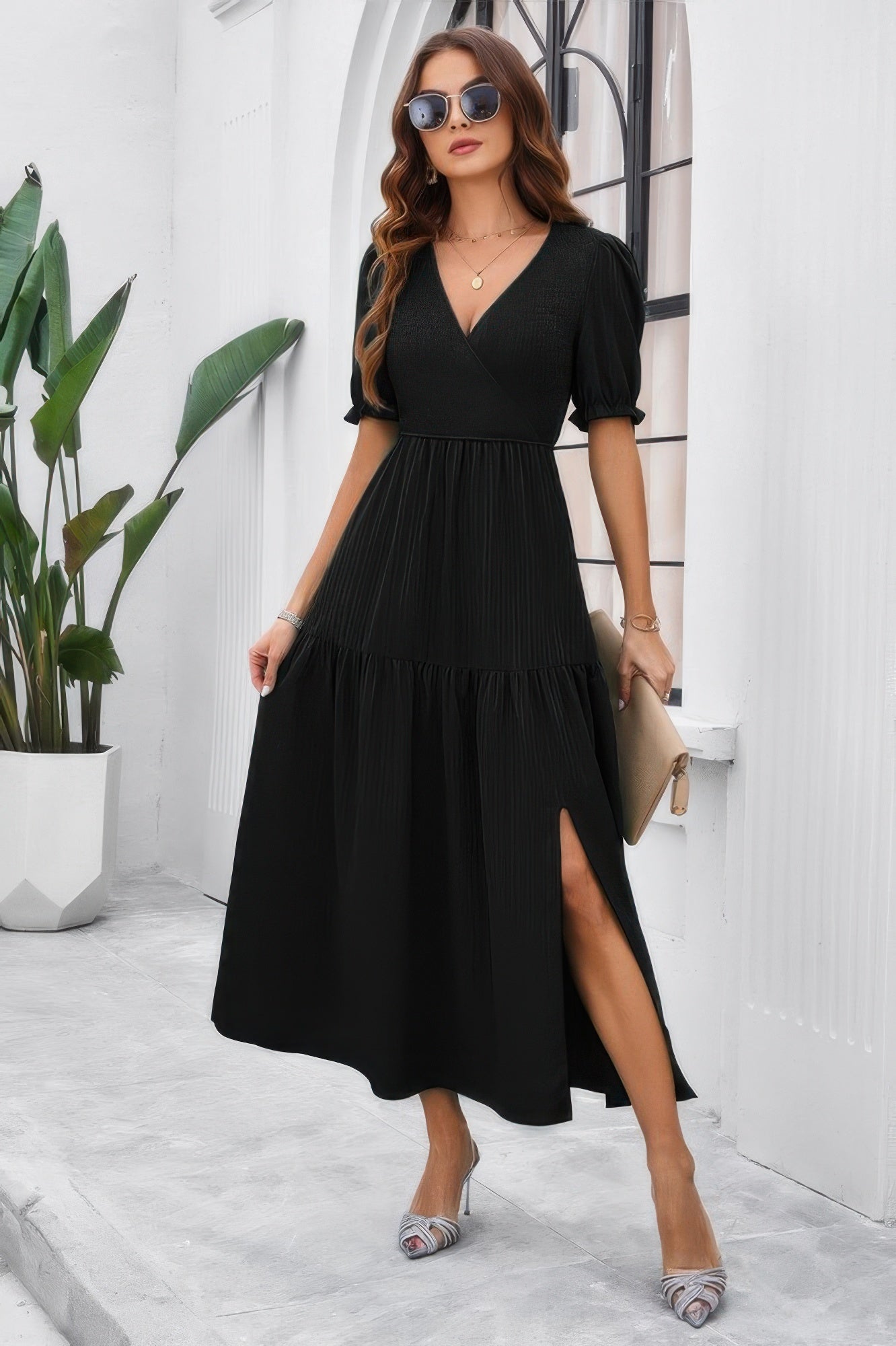 Solid V Neck Ruched High Waist Puff Sleeve Dress | by atgodanddesigns
