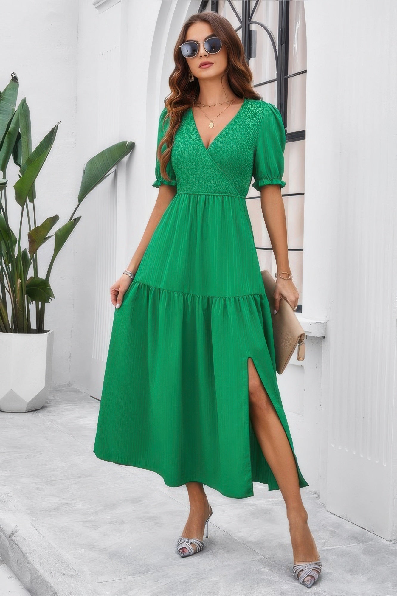 Solid V Neck Ruched High Waist Puff Sleeve Dress | by atgodanddesigns