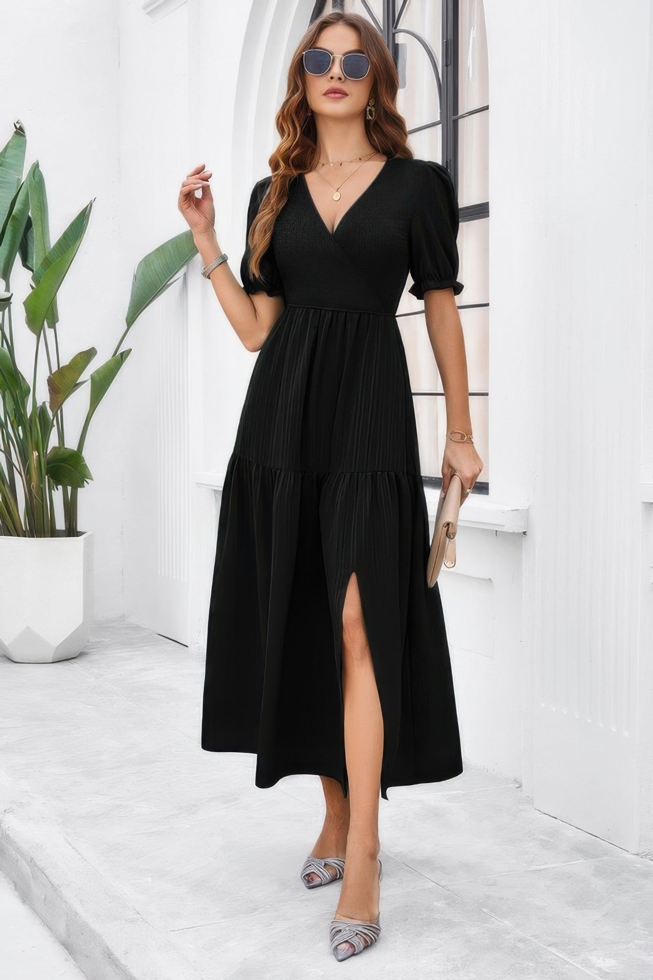 Solid V Neck Ruched High Waist Puff Sleeve Dress | by atgodanddesigns