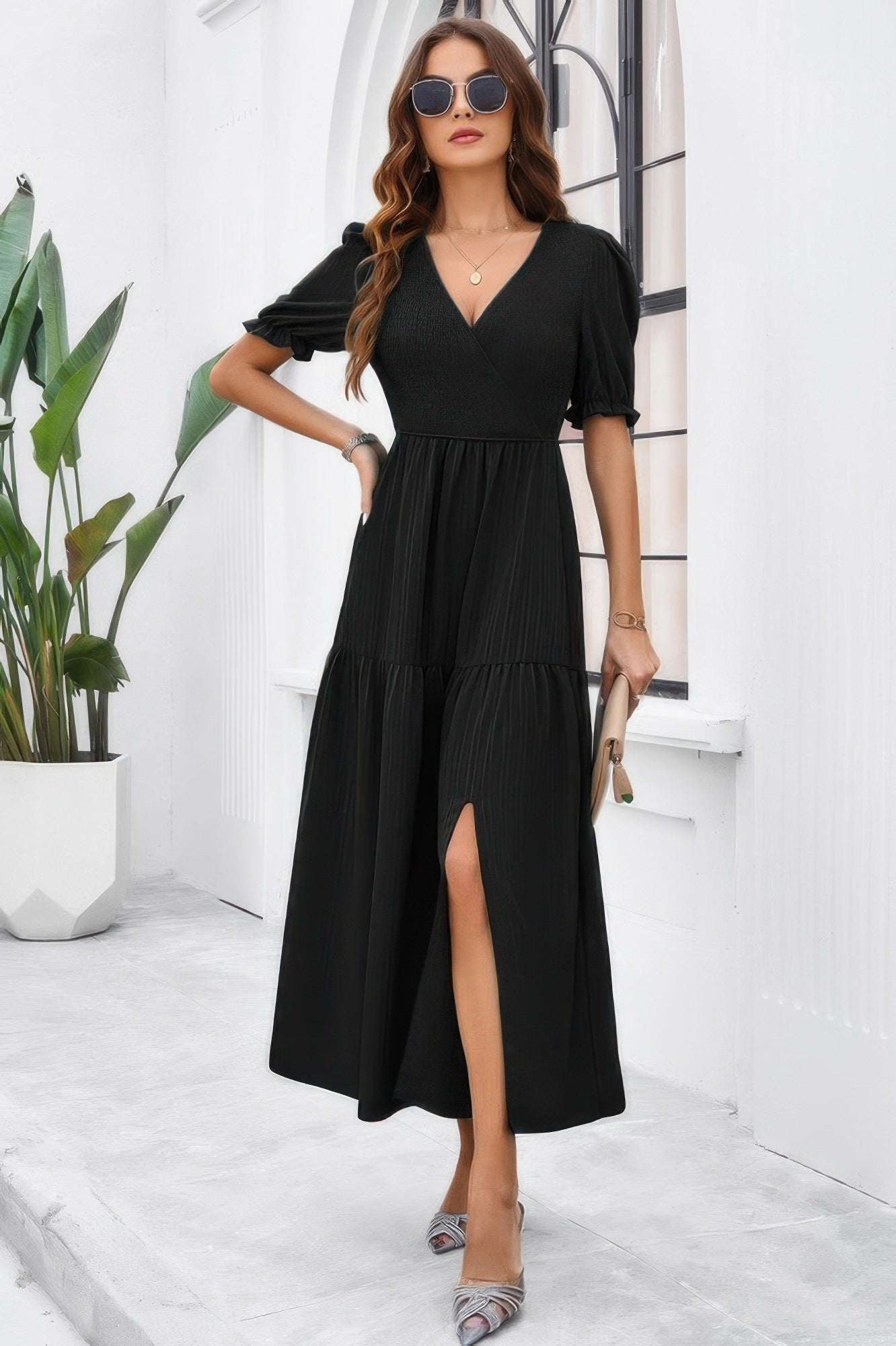 Solid V Neck Ruched High Waist Puff Sleeve Dress | by atgodanddesigns