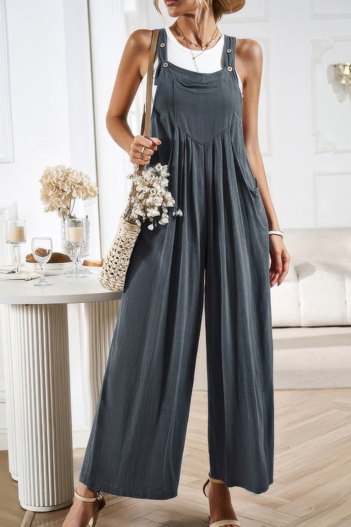 Solid Wide Leg Pocketed Shoulder Tie Overalls | by atgodanddesigns