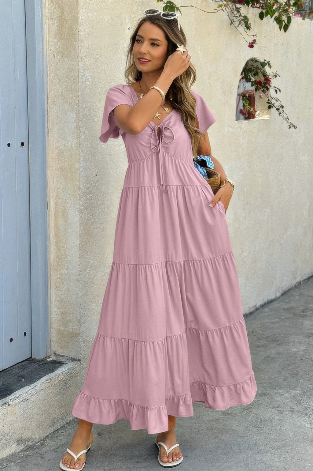 Square Neck Cross Knot Pockets Ruffle Hem Dress | by atgodanddesigns