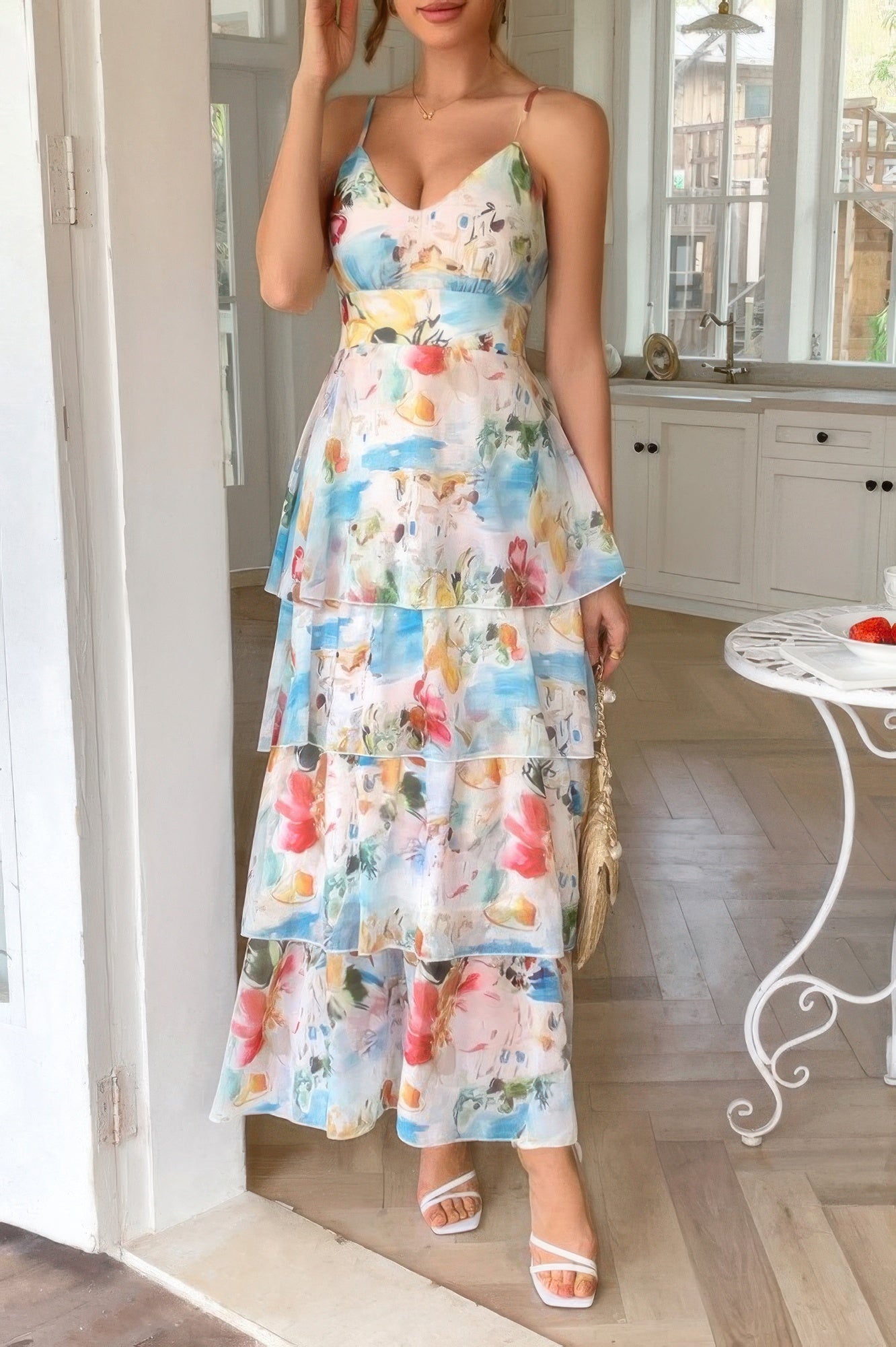 Straps Floral Print V Neck Patchwork Full Dress | by atgodanddesigns